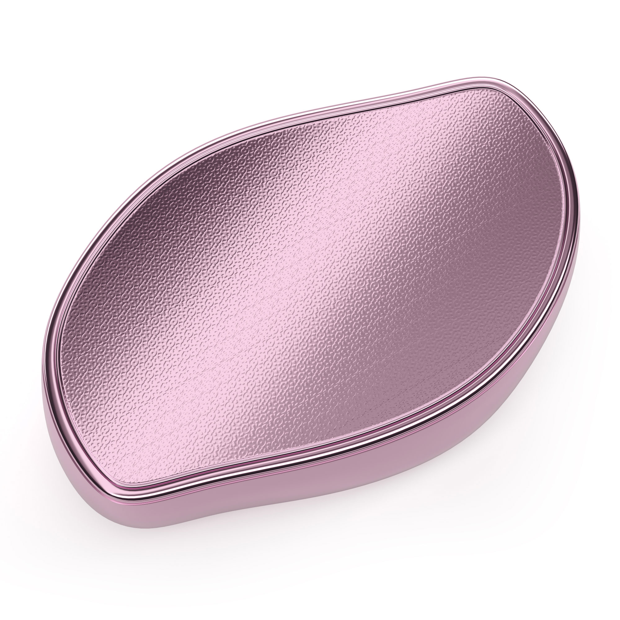 Rosa-silberner, oval geformter Gesichtsmassager. Es hat eine strukturierte Oberfläche und einen silbernen Rand.