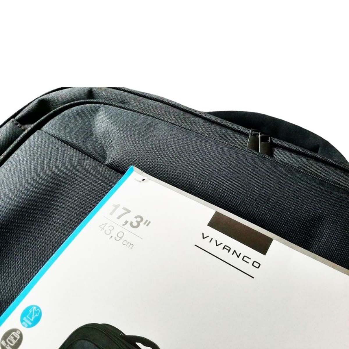 Borsa per laptop con laptop, testo sulla borsa: '17,3" 43,9 cm' e Vivanco.