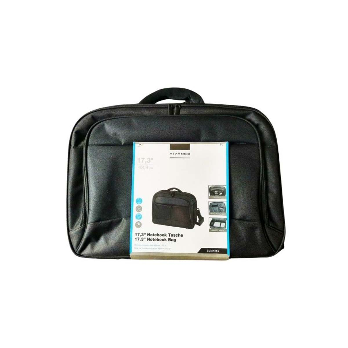 Borsa per laptop nera con etichetta che mostra un laptop, davanti a sfondo bianco.