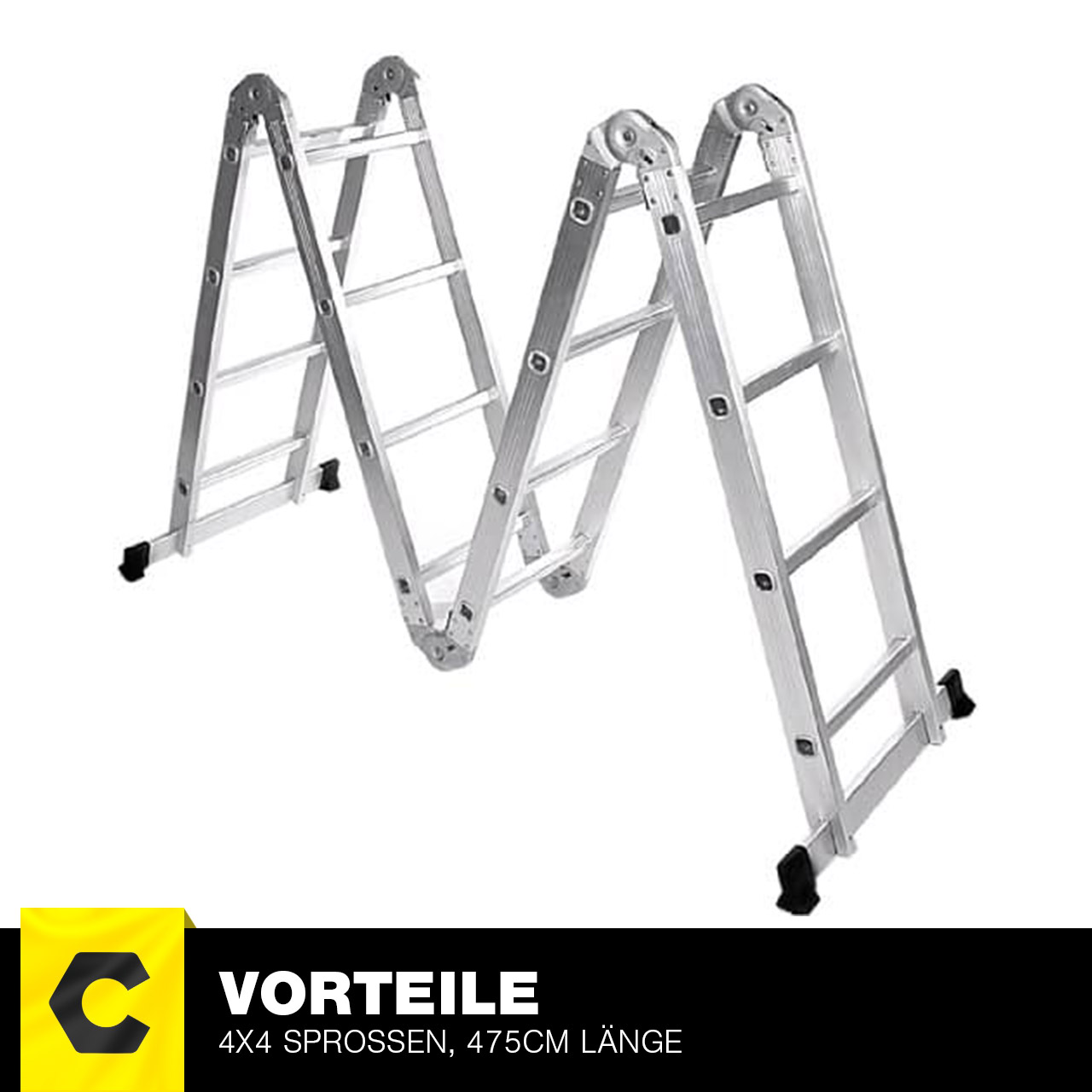 Silberne, zusammenklappbare Aluminiumleiter, vollständig ausgezogen.