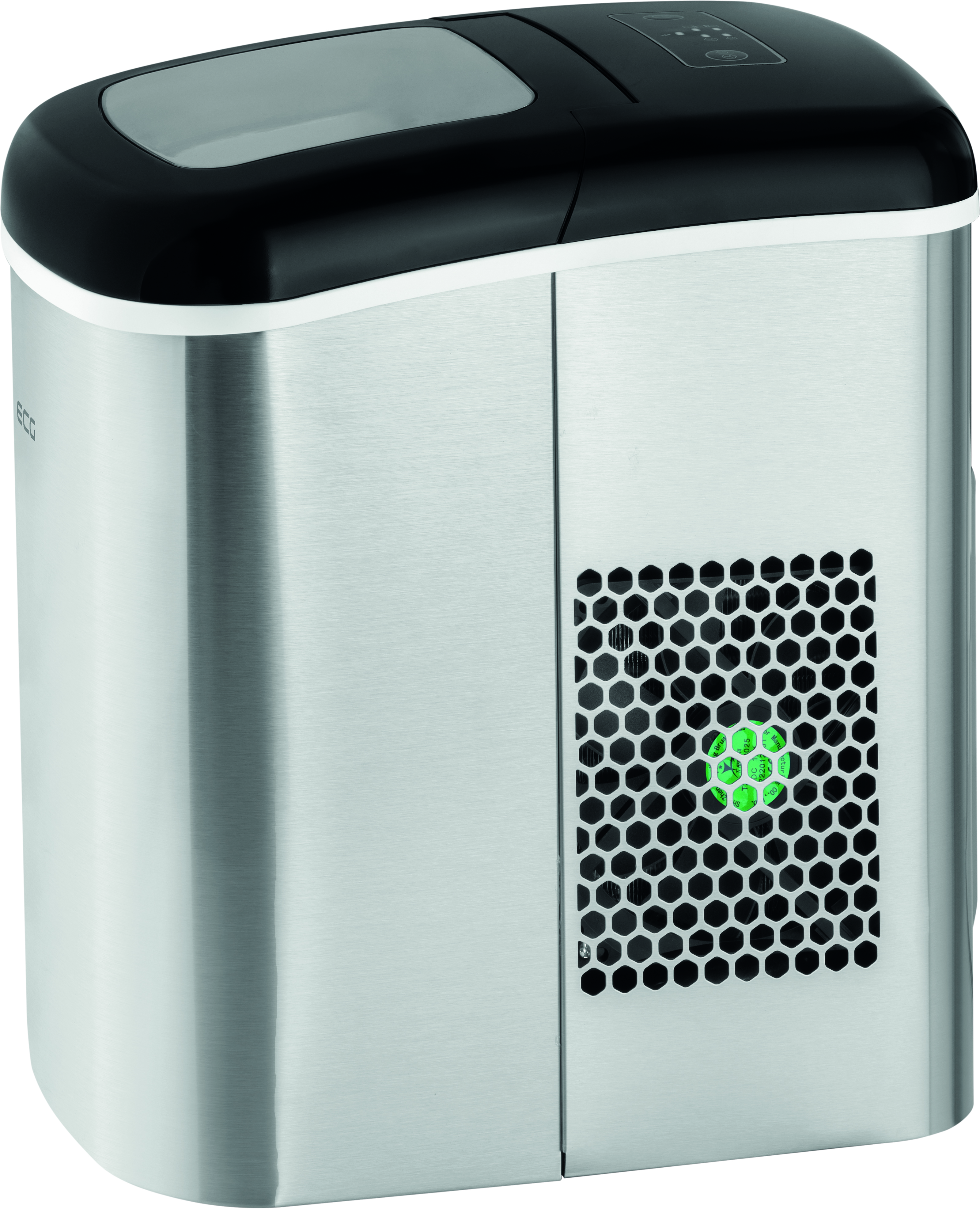 Kostkarka do lodu ze stali nierdzewnej, czarny wierzch, wentylacja o strukturze plastra miodu i zielone światło na białym tle.