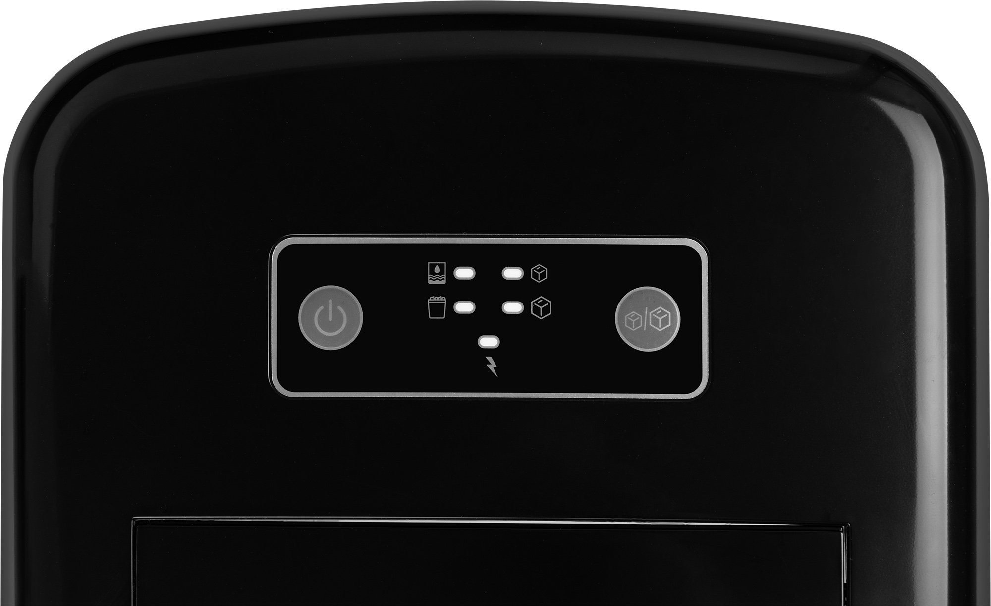 Czarny panel sterowania maszyny do lodu z ikonami. Widoczne elementy sterowania zasilaniem i produkcją lodu.