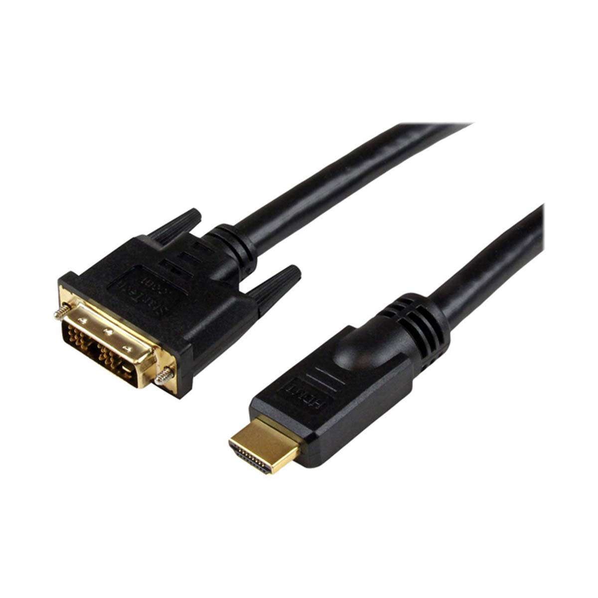 Un cavo HDMI a DVI nero. Un'estremità ha un connettore DVI e l'altra un connettore HDMI.