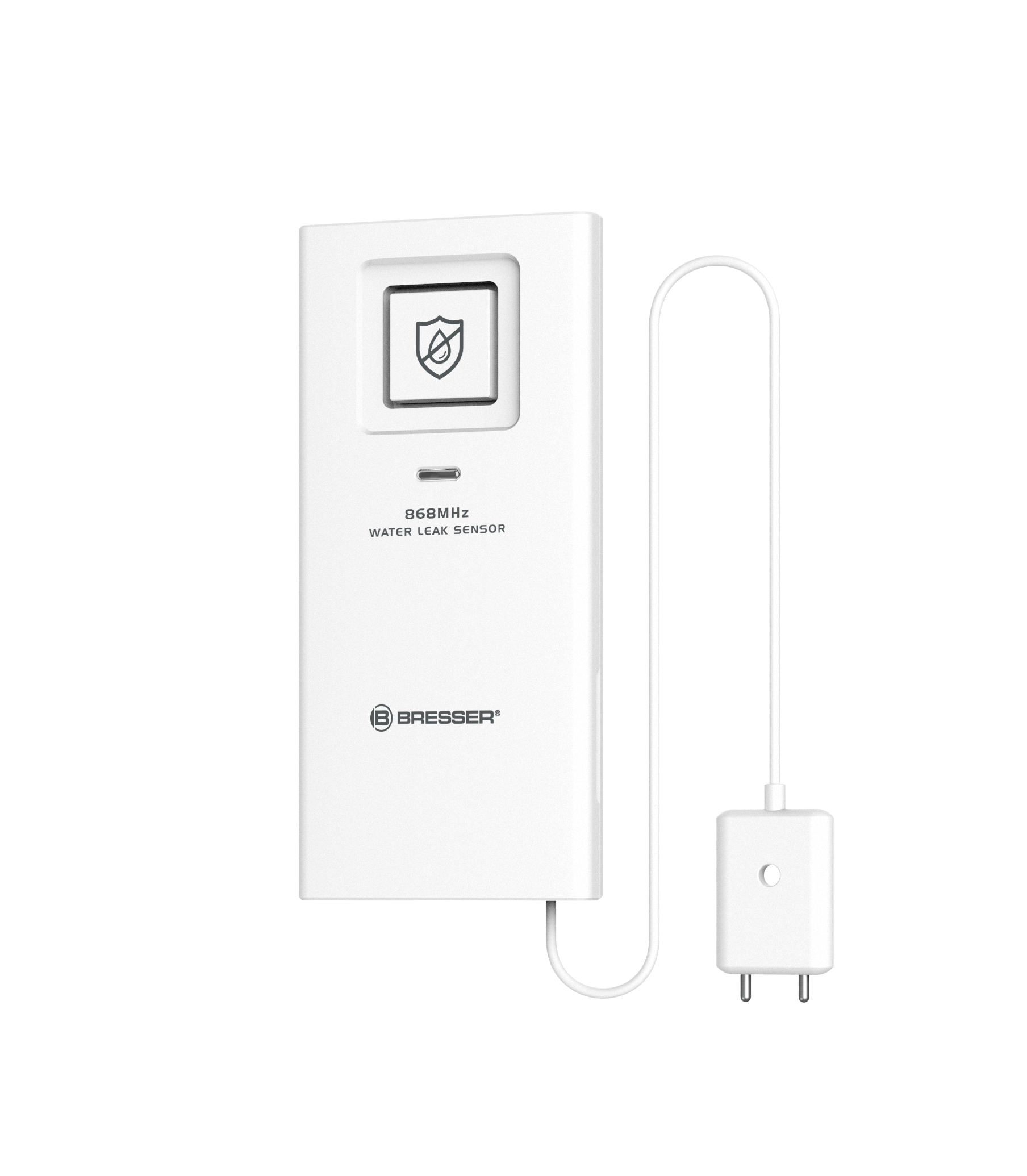 Un sensor de fugas de agua blanco con un cable y un enchufe.