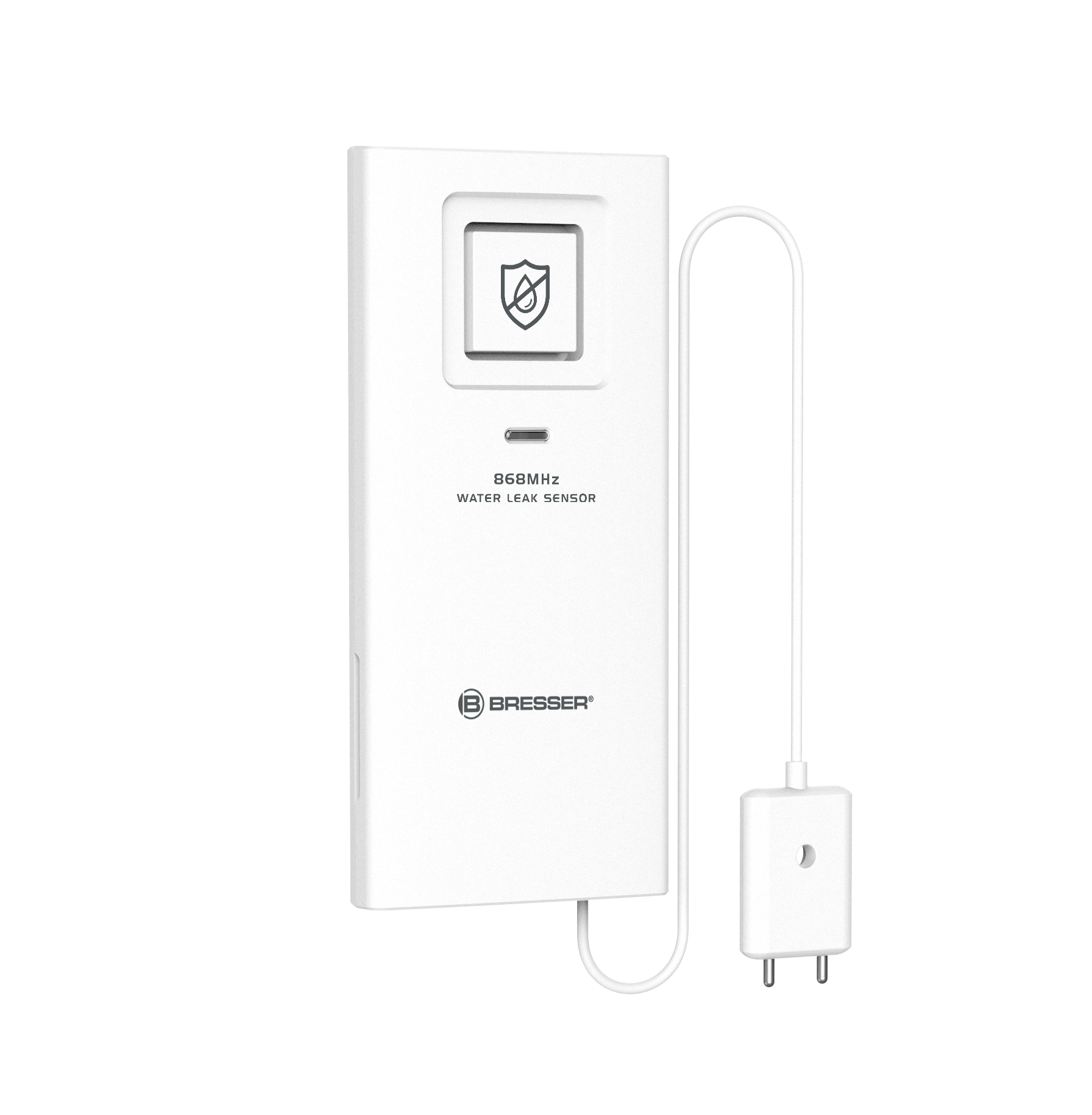 Un sensor de fugas de agua blanco con un enchufe y un cable, con un icono de escudo en la parte frontal.