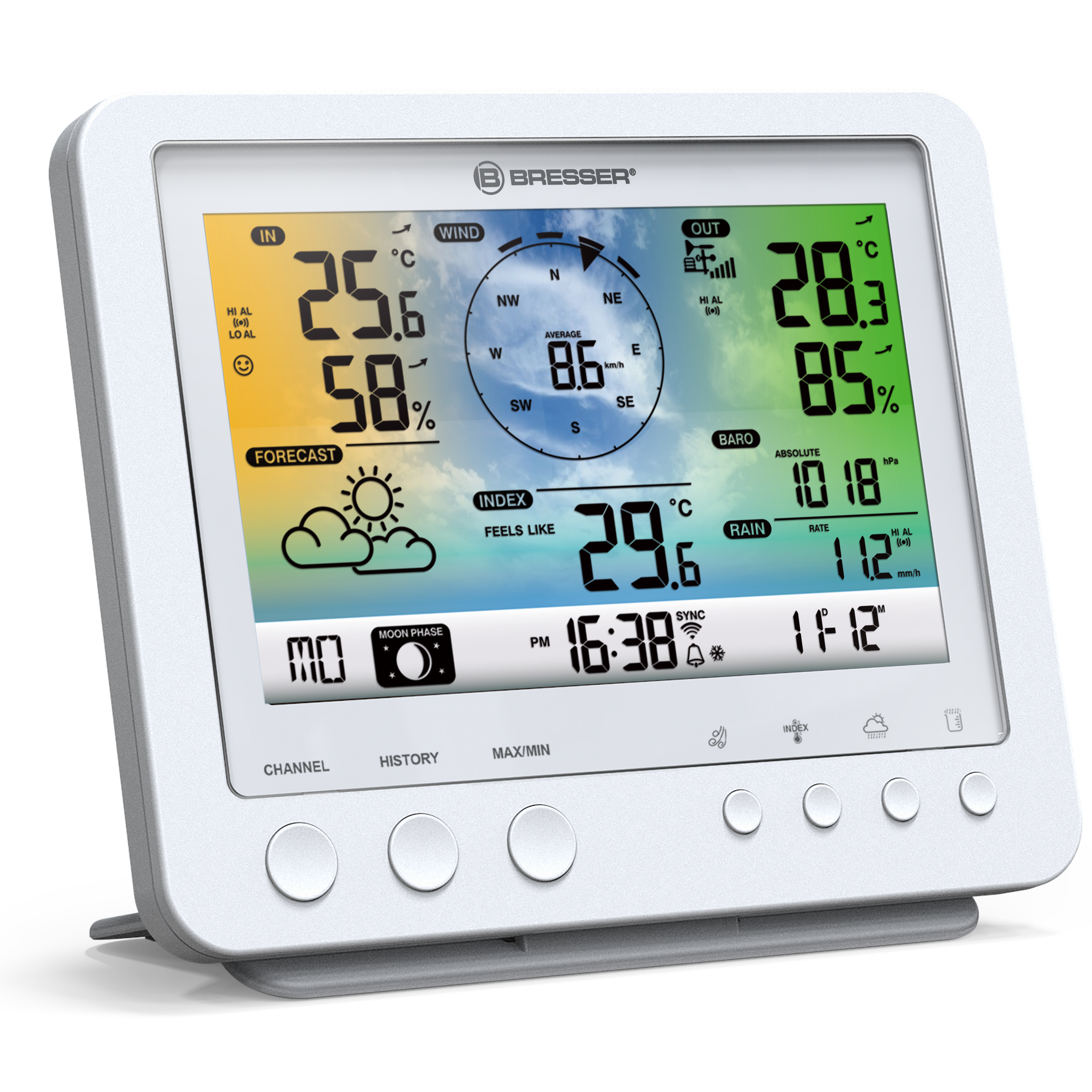 Eine weiße Wetterstation, die Temperatur, Luftfeuchtigkeit, Wind und andere Daten anzeigt.