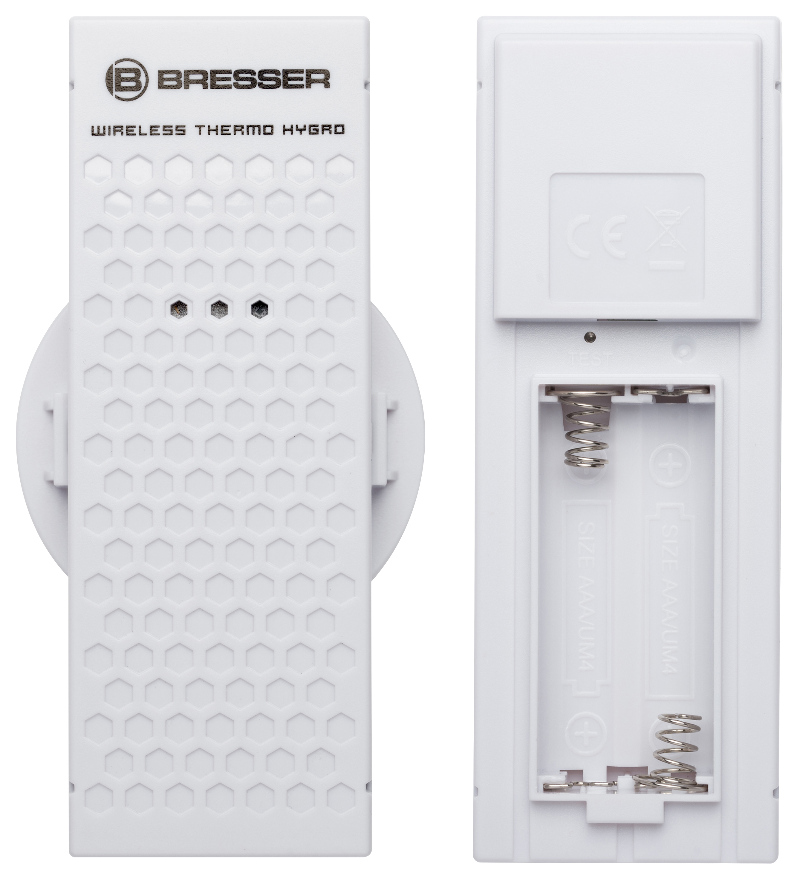 Sensor termo-higro Bresser blanco, con compartimento de batería abierto a la derecha.