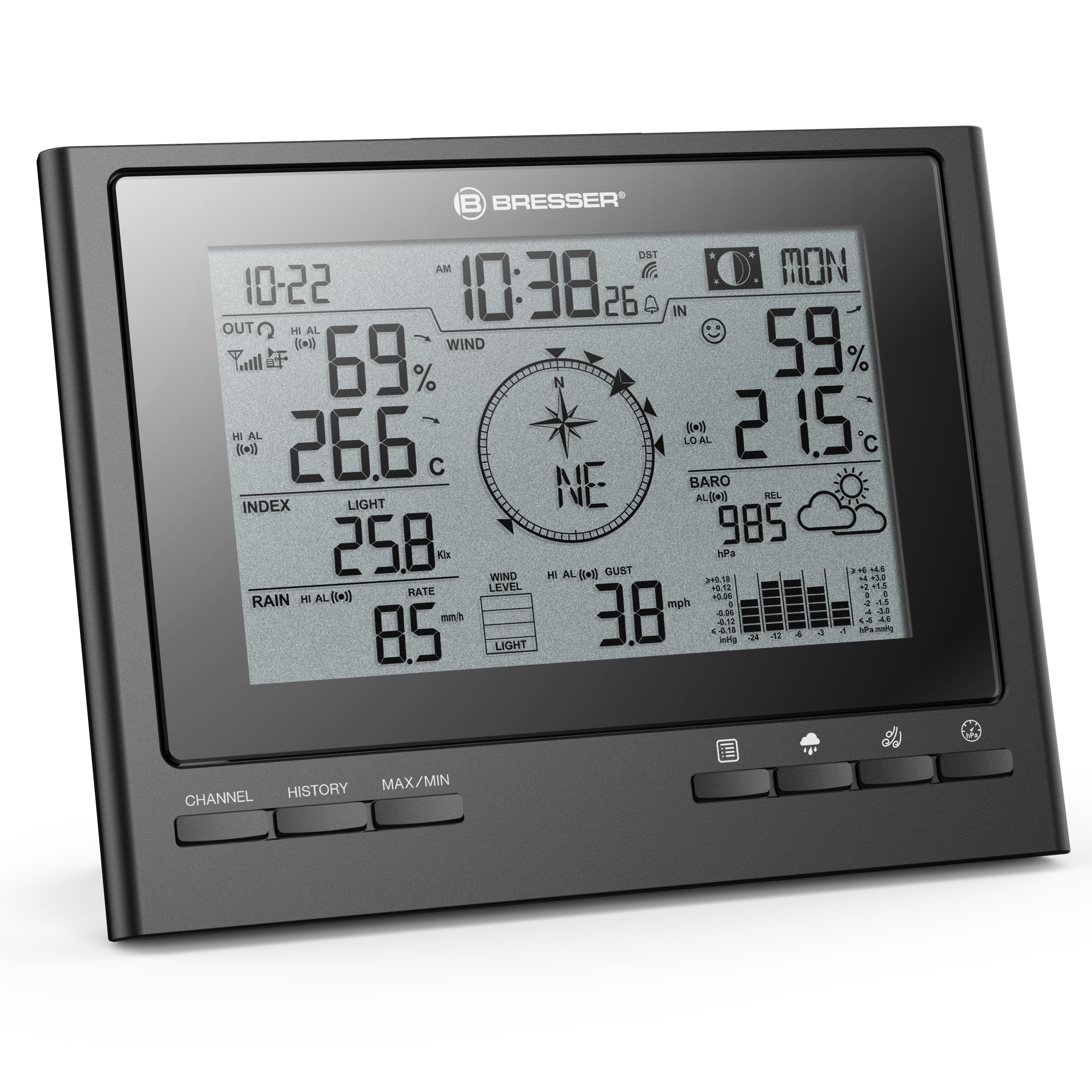 Estación meteorológica negra que muestra temperatura, humedad, viento y otros datos, con múltiples botones.
