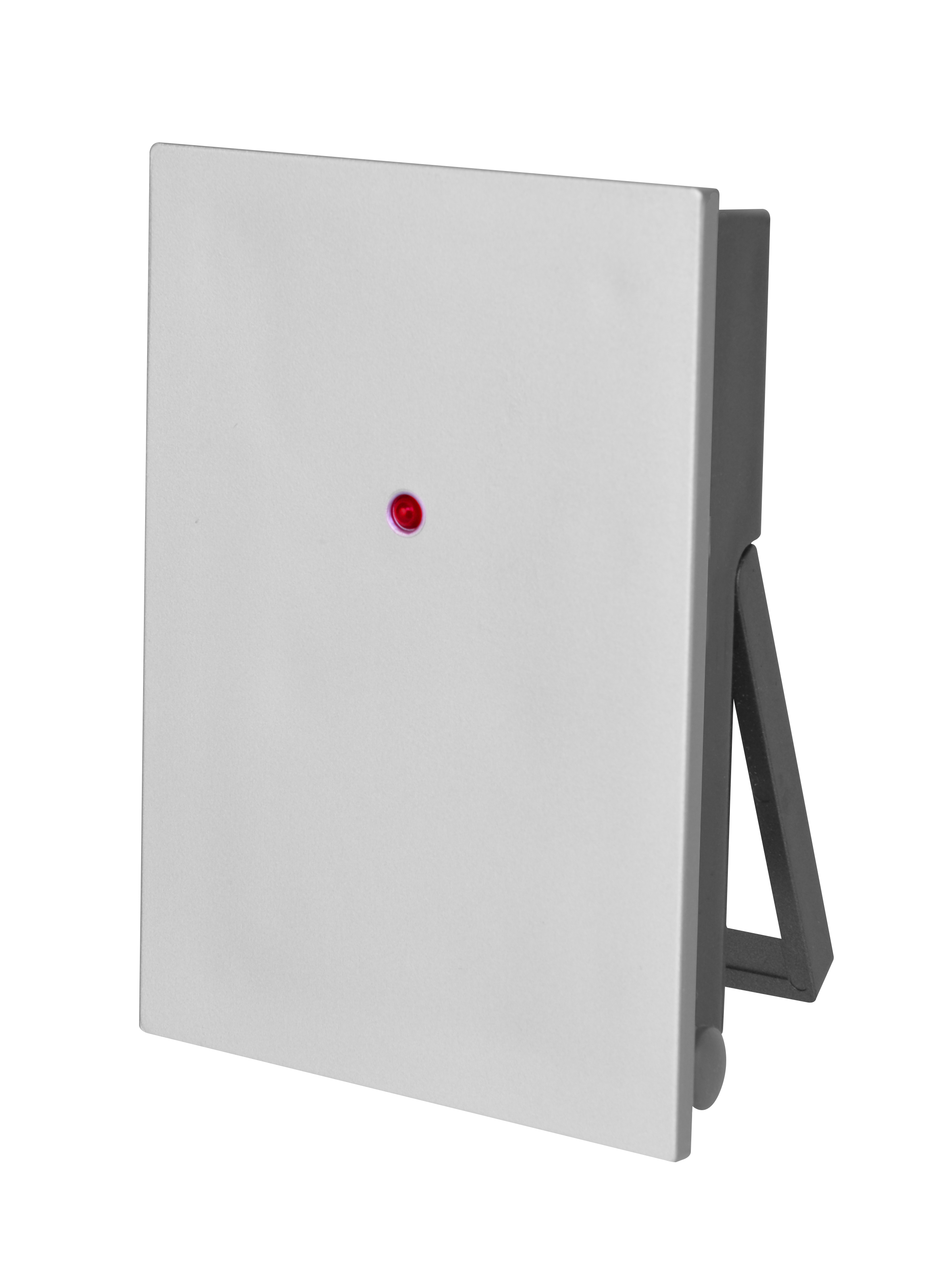 Un dispositivo blanco con una luz roja, posiblemente un sensor, contra un fondo gris claro.