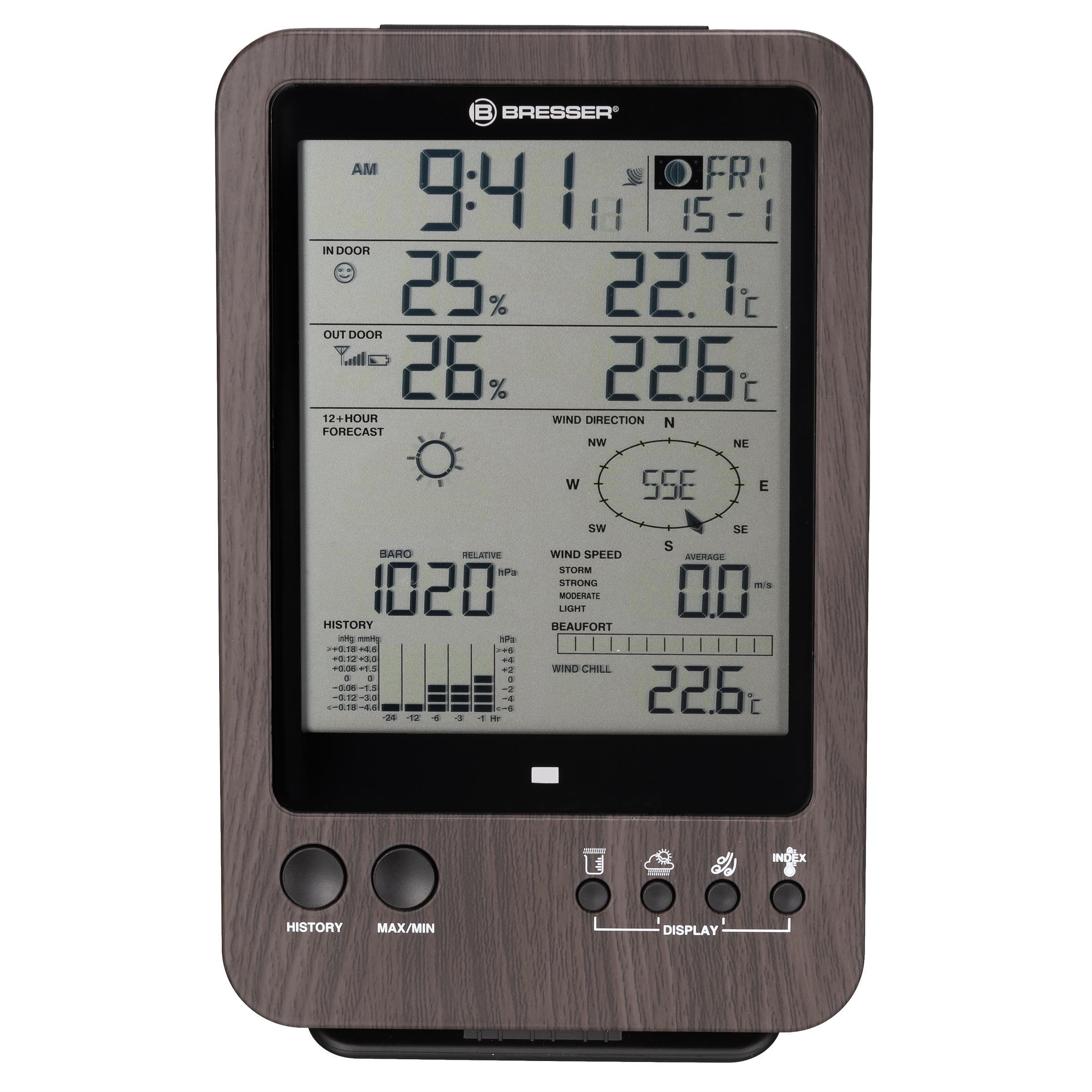 Digitale Wetterstation mit Anzeige von Zeit, Temperatur und Wetterdaten.