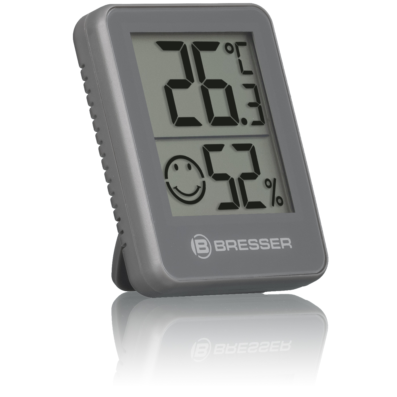 Eine graue Wetterstation mit digitaler Anzeige. Sie zeigt Temperatur und Luftfeuchtigkeit an.