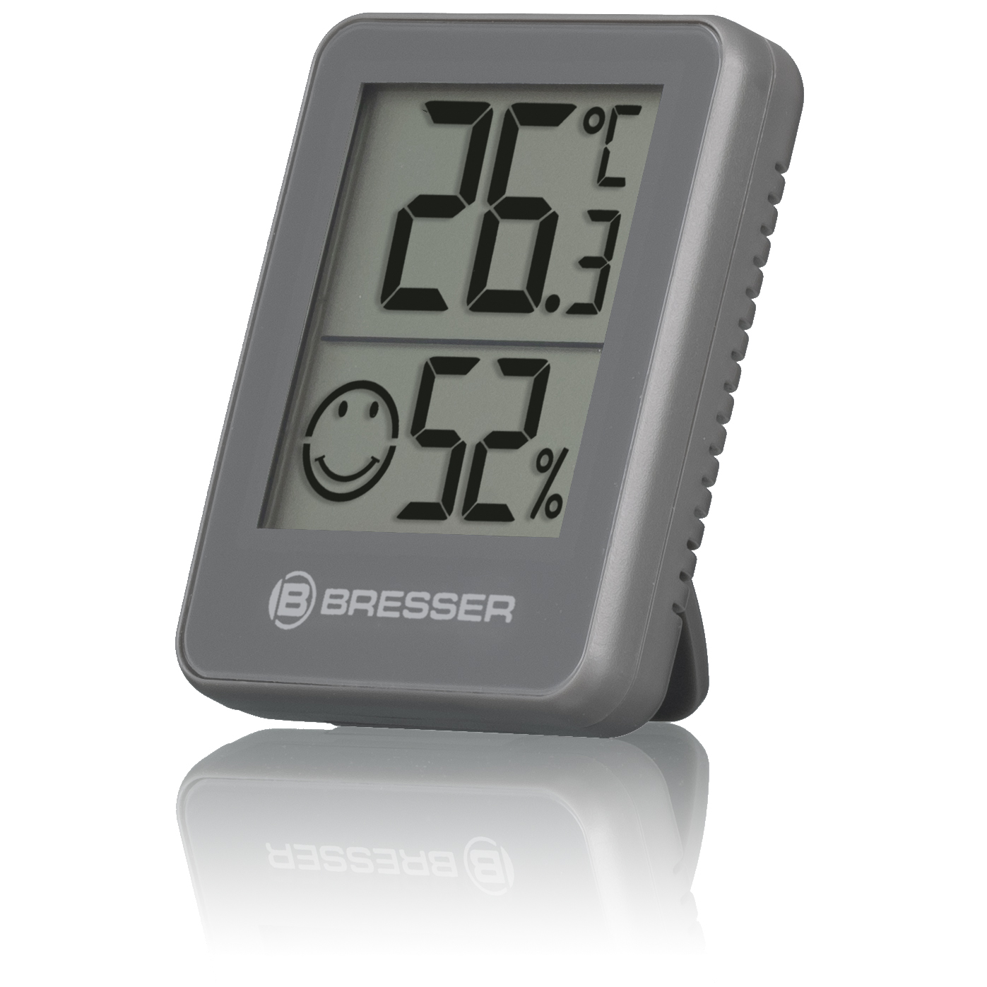 Ein graues digitales Thermometer mit 26,3°C und 52% Luftfeuchtigkeit.