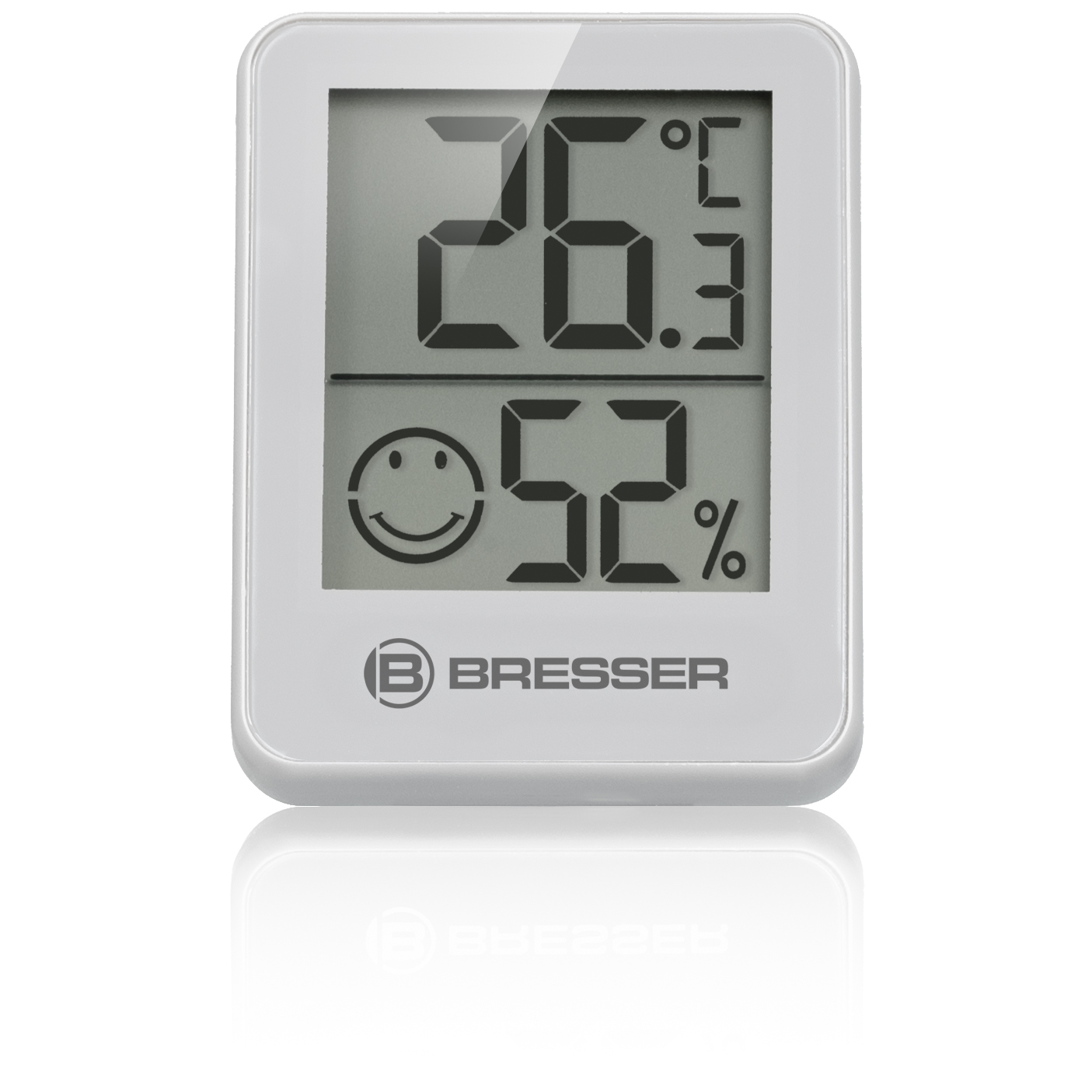 Una pantalla digital blanca que muestra la temperatura y la humedad. También una carita sonriente.