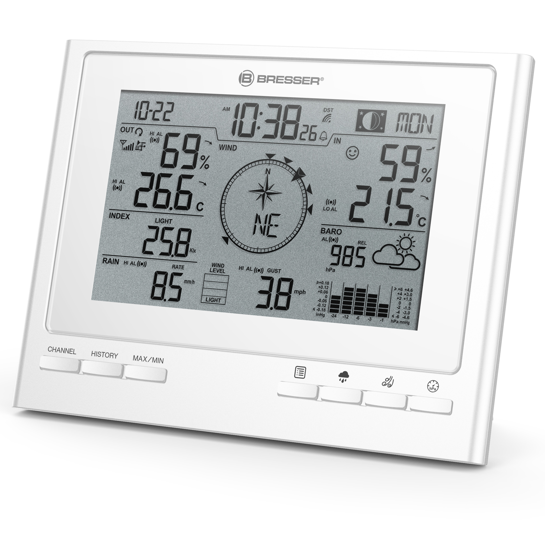 Weißes digitales Wetterzentrum mit Anzeige von Zeit, Wetterdaten und weißem Hintergrund.