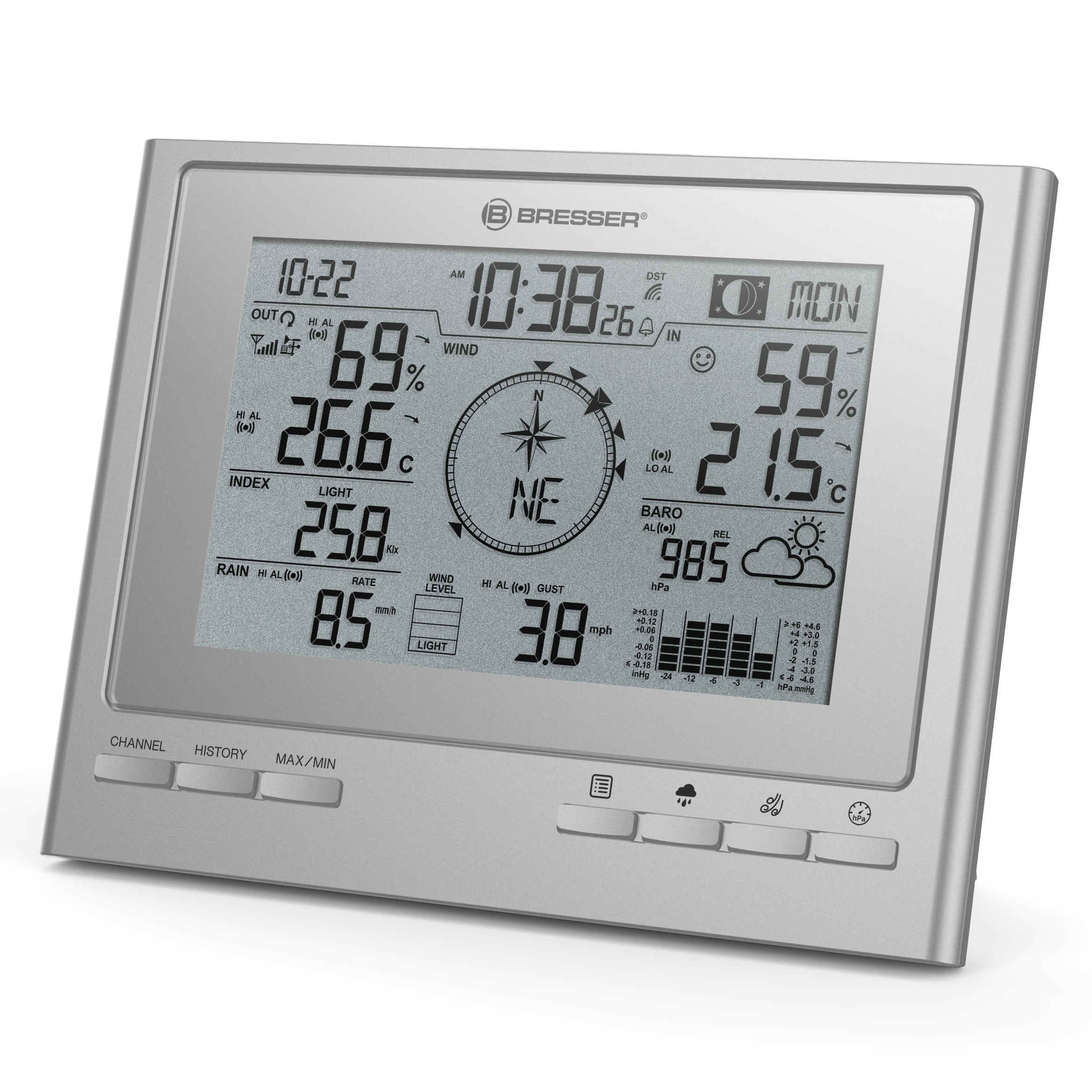 Eine silberne Wetterstation mit Digitalanzeige, die verschiedene Datenpunkte anzeigt.