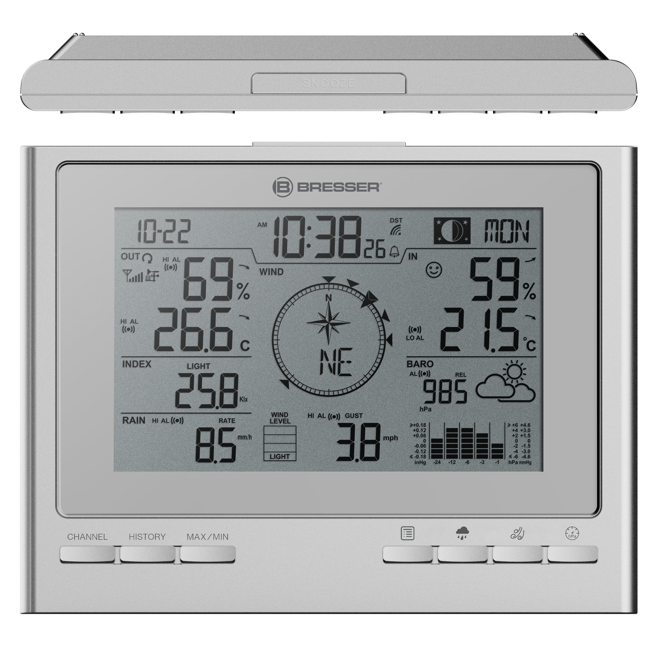 Eine silberne Wetterstation, die verschiedene Daten auf einem Bildschirm anzeigt.