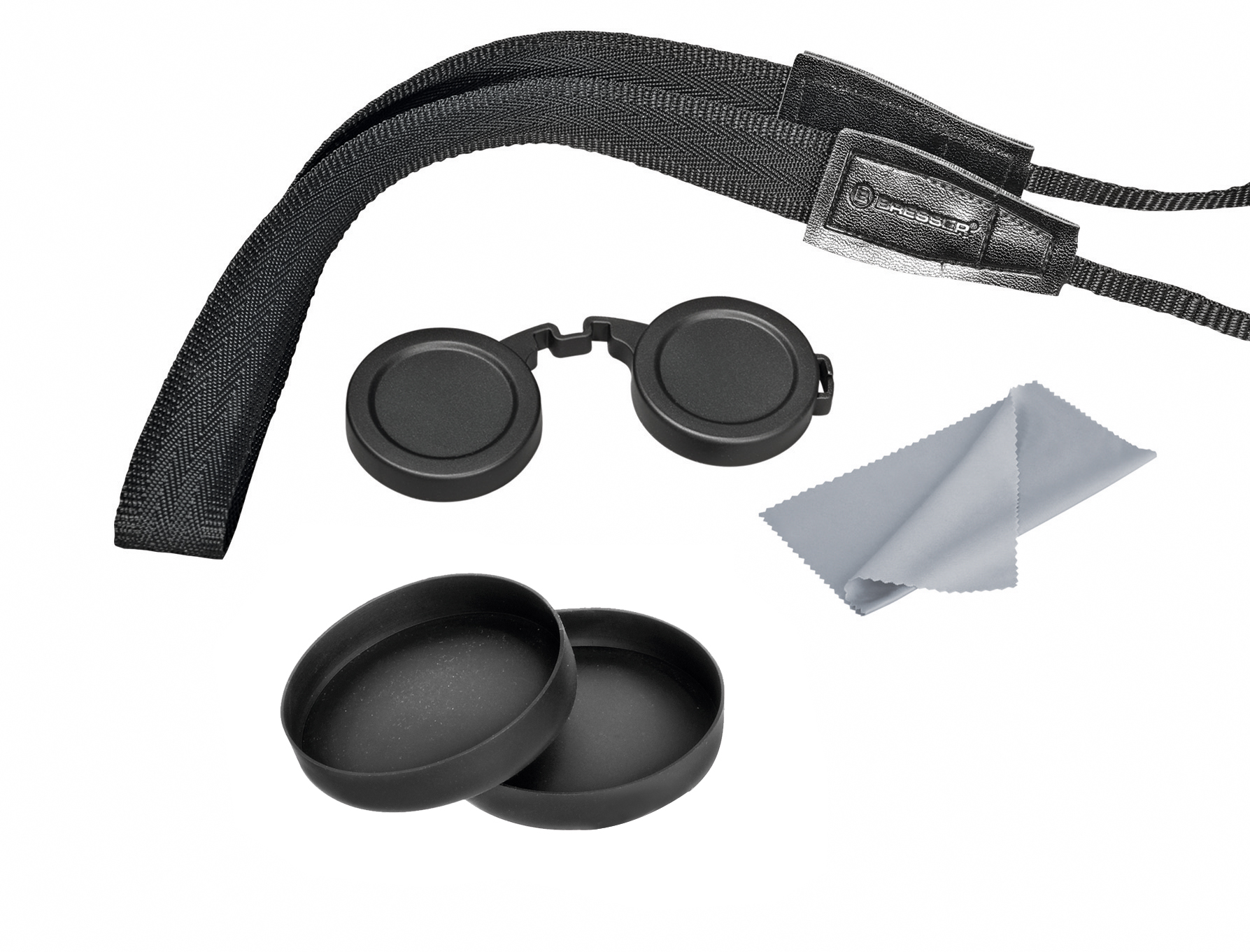 Accesorios de cámara. Una correa de cámara negra, dos tapas de lente y un paño de microfibra gris.
