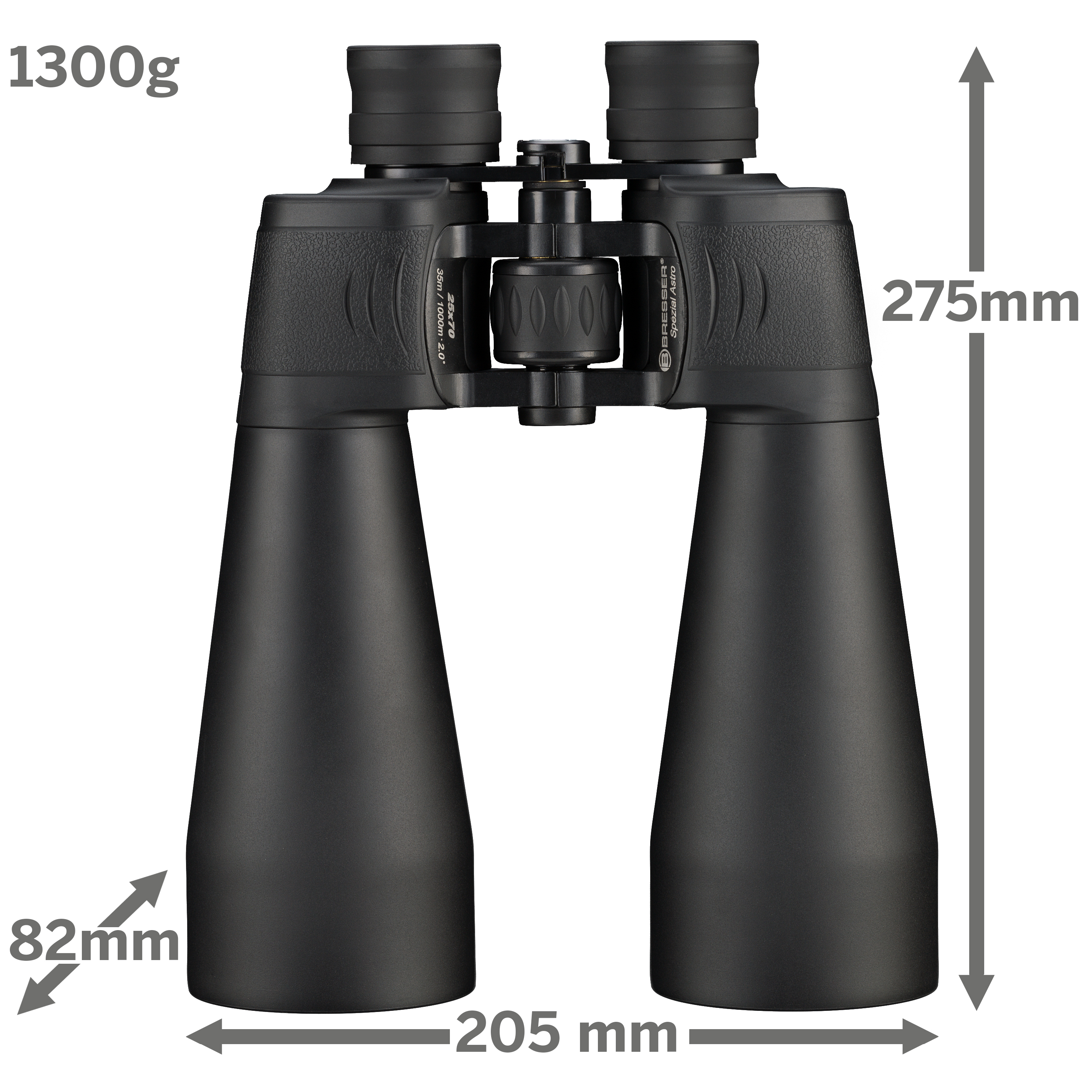 Schwarzes Fernglas mit Etiketten und Maßen: 1300g, 275mm Höhe, 82mm Breite und 205mm Länge.