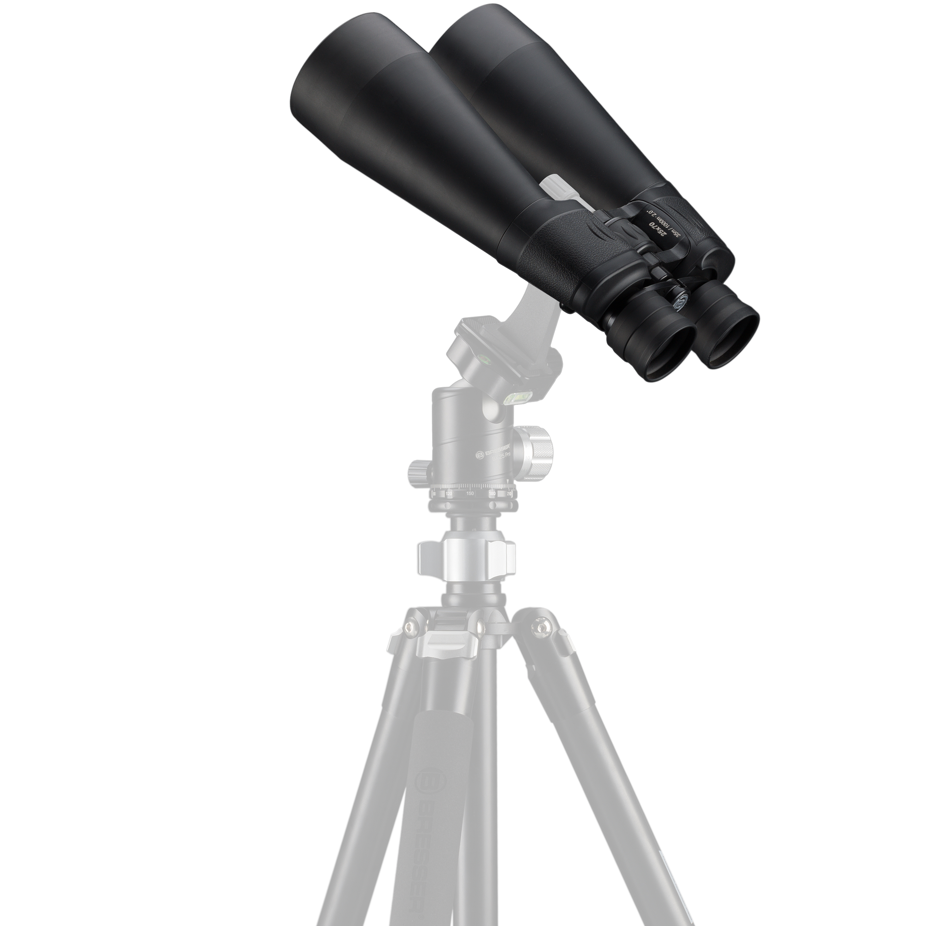 Schwarzes Fernglas auf einem Stativ, vor weißem Hintergrund mit verschwommener Stativkontur.