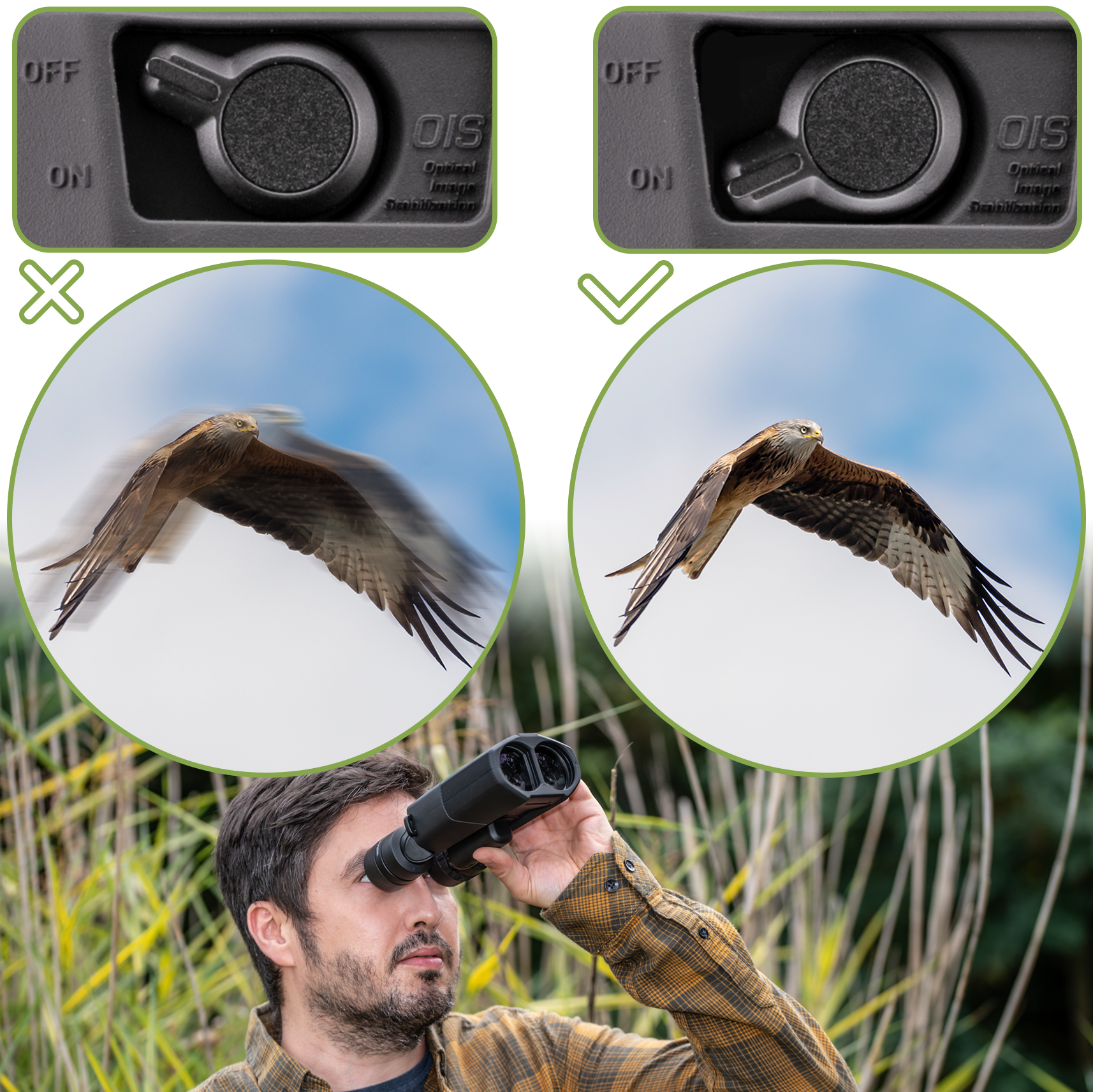 Imagen muestra binoculares con OIS activado, comparando vistas borrosas y claras de aves.