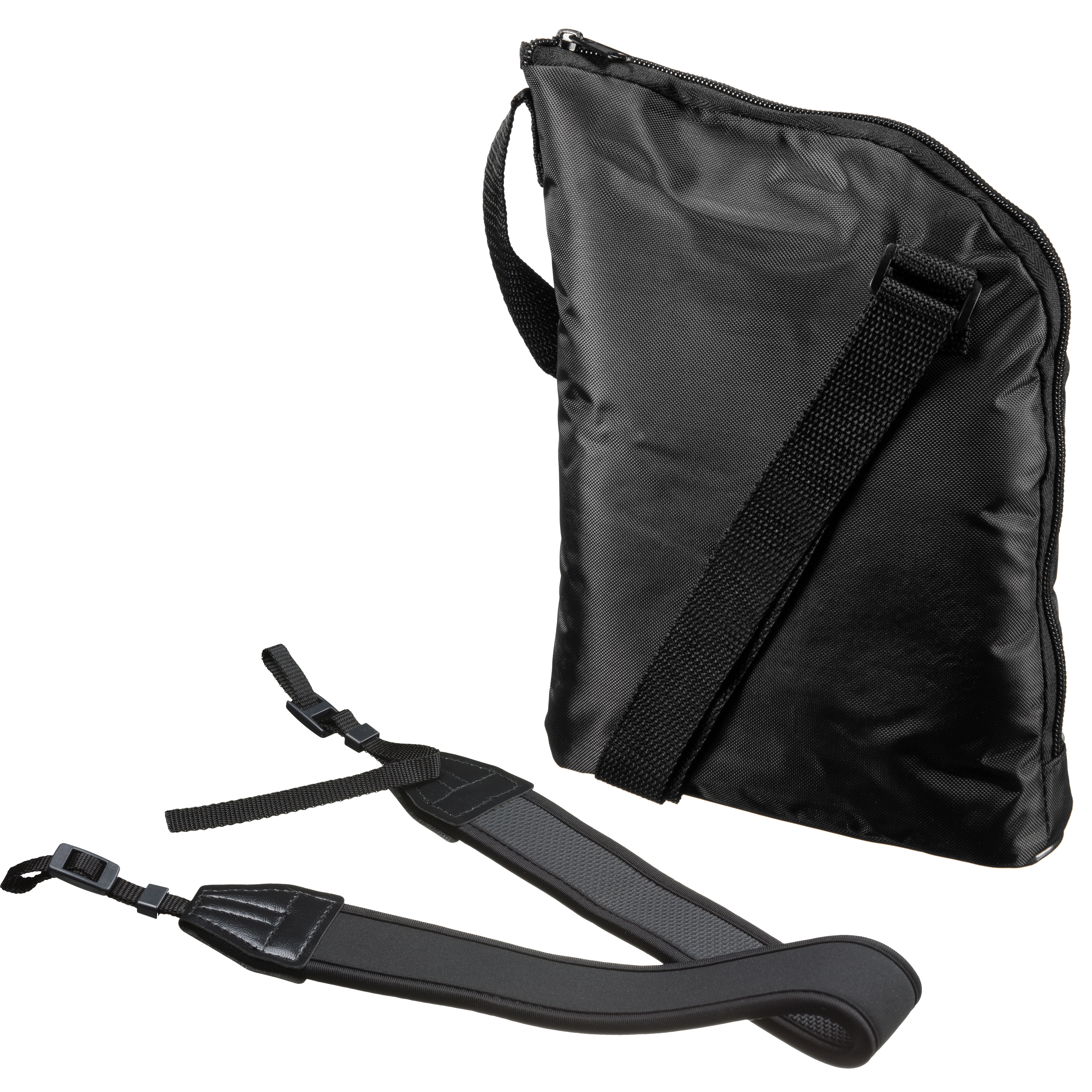 Bolsa de cámara negra con correa para el hombro. También se muestran dos correas negras con hebillas.