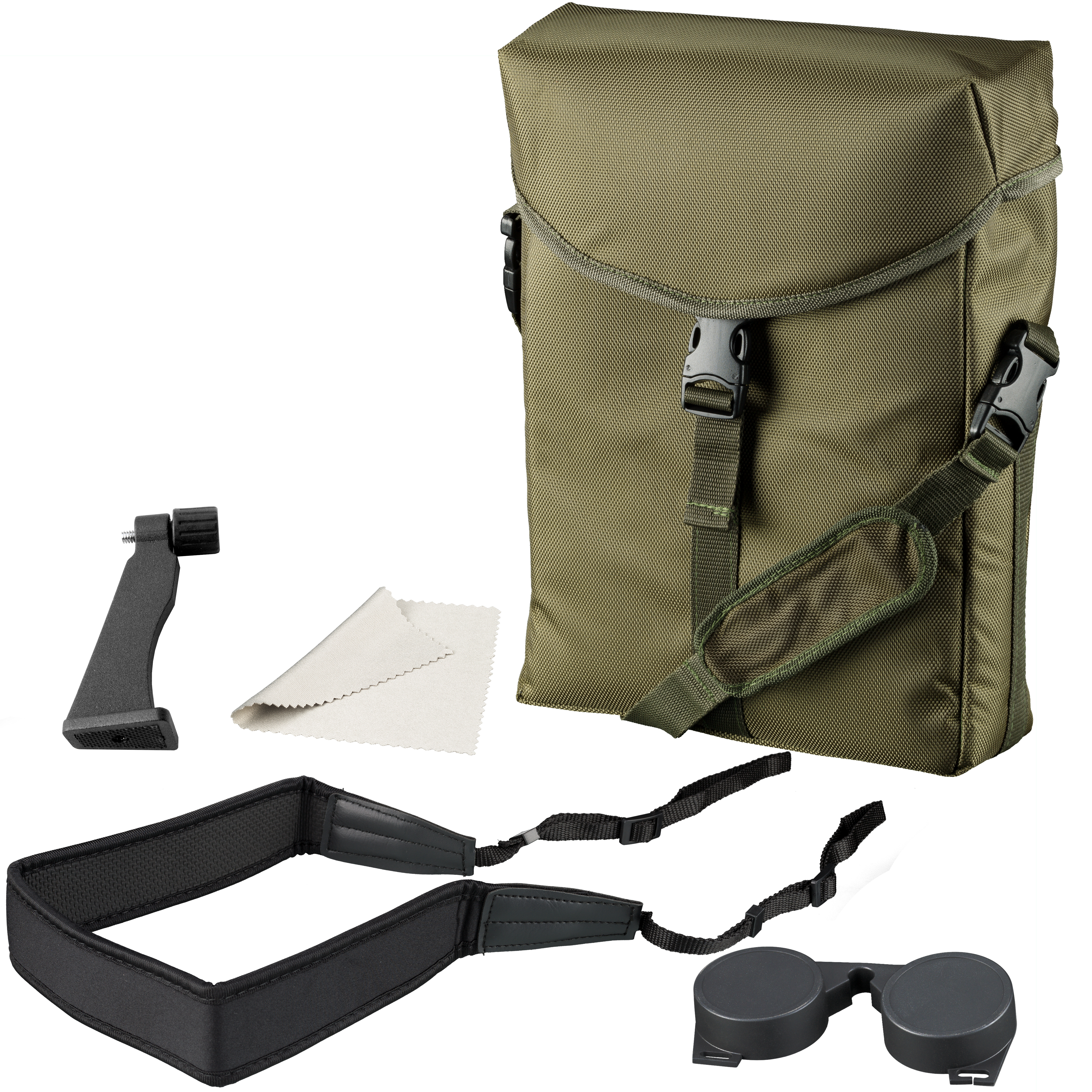Bolsa verde con accesorios: correa, paño de limpieza y tapas de lente.