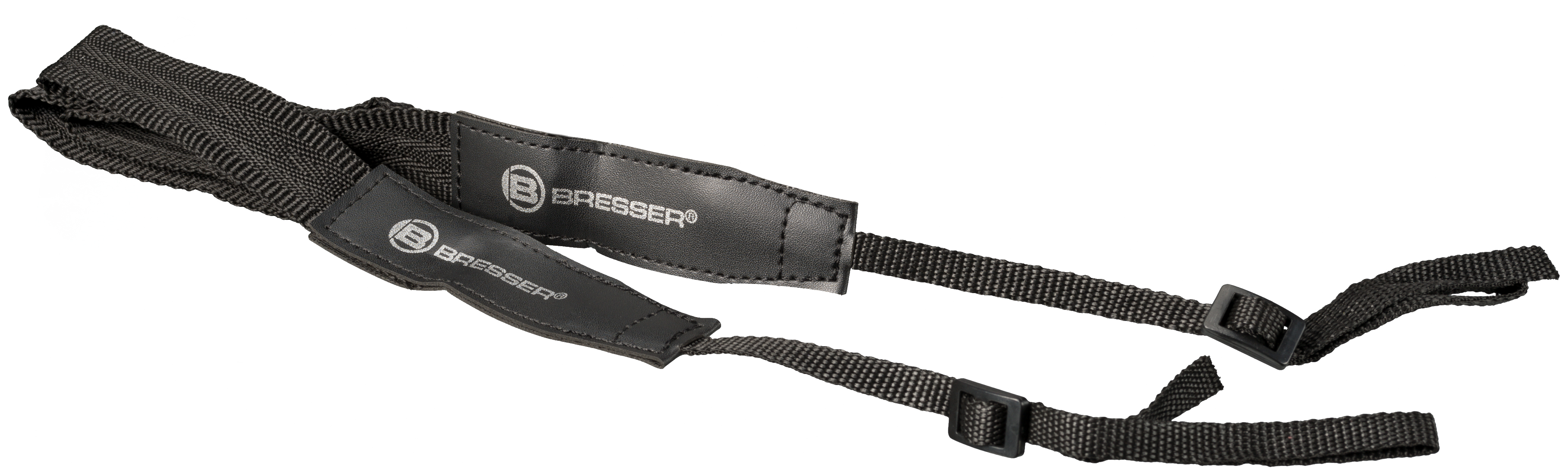Correa para el cuello de cámara BRESSER negra con logotipos BRESSER blancos en las almohadillas de cuero y hebillas.