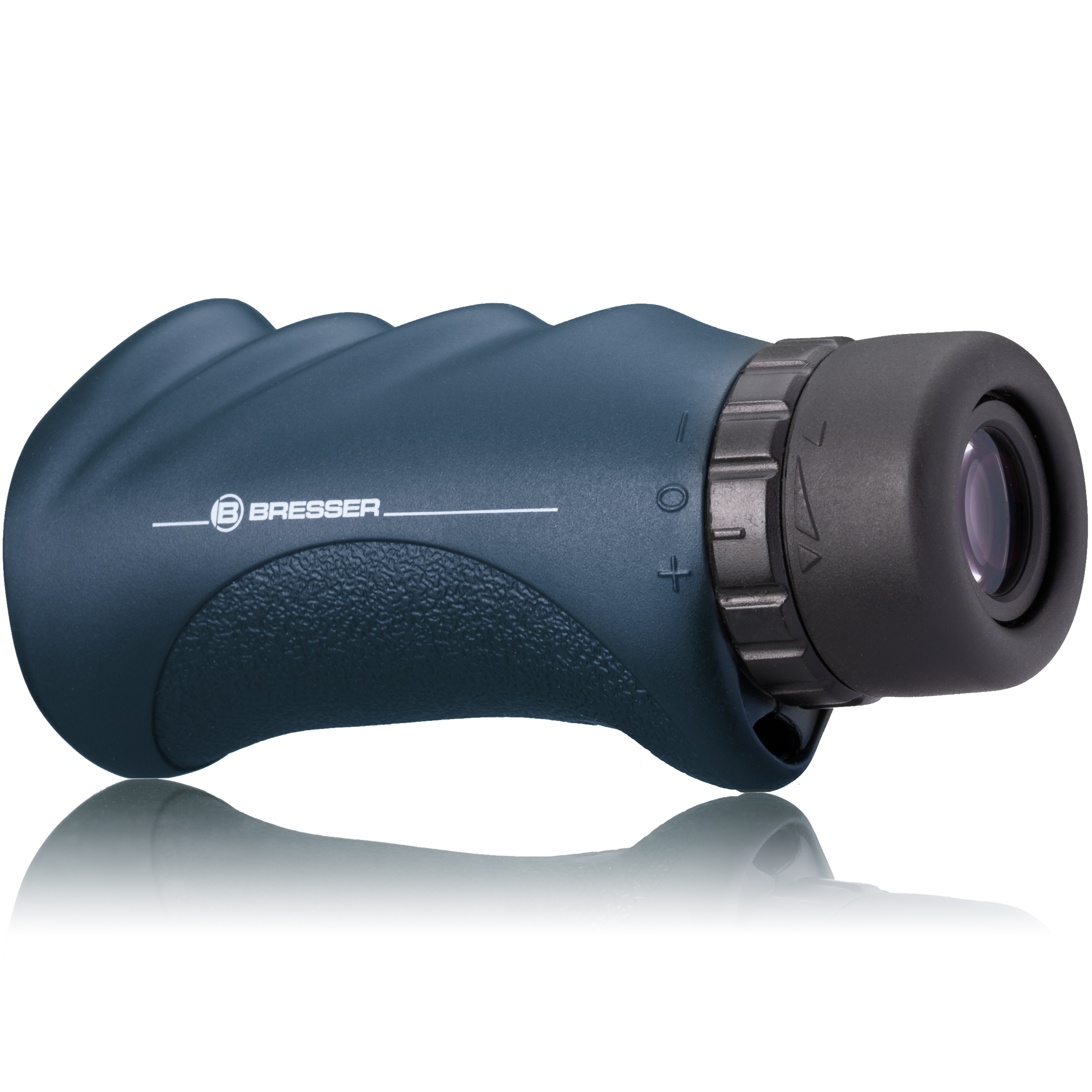 Monocular azul oscuro con anillo de enfoque negro y fondo blanco. La marca Bresser es visible.