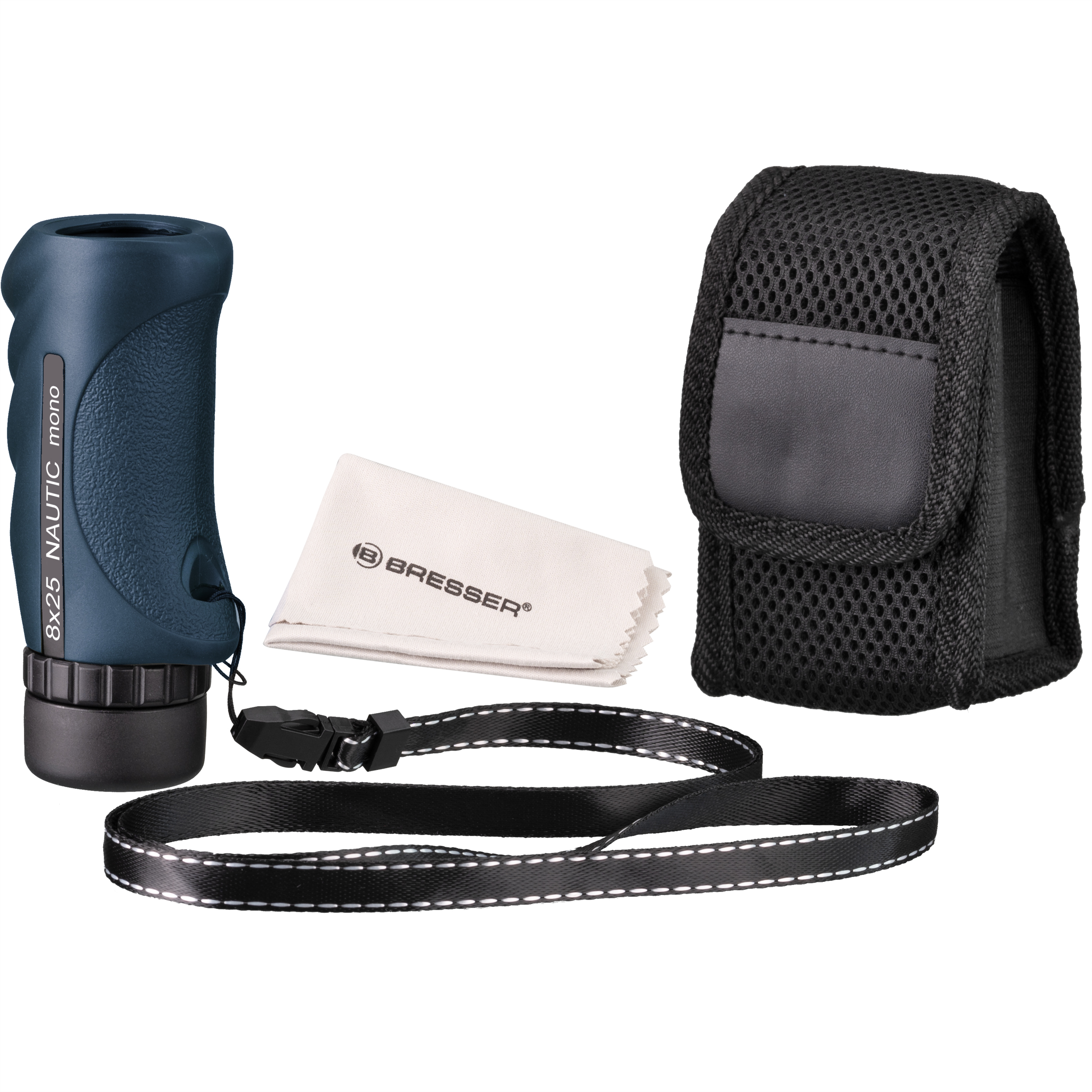 Monocular azul con funda de transporte y correa negras. También incluye un paño de limpieza.