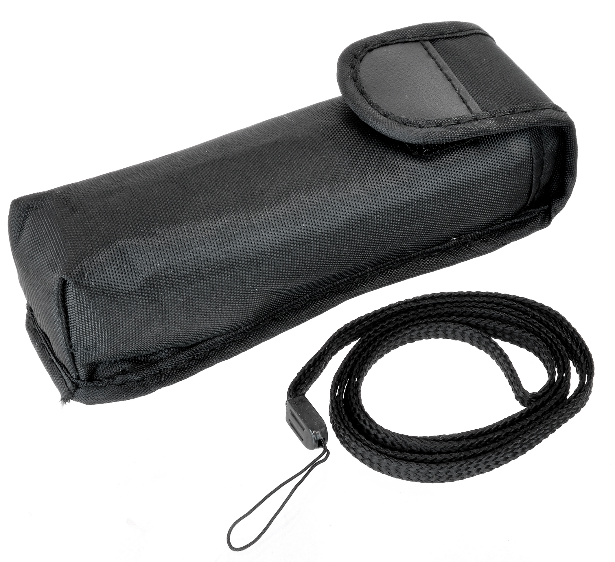 Schwarze Tasche und ein schwarzer Riemen. Die Tasche ist rechteckig. Der Riemen ist aufgerollt.