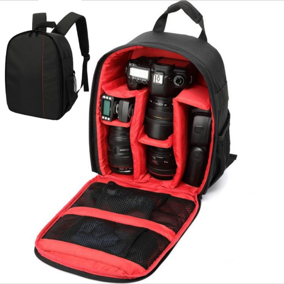 Mochila de cámara negra con interior rojo, que muestra cámaras y accesorios.
