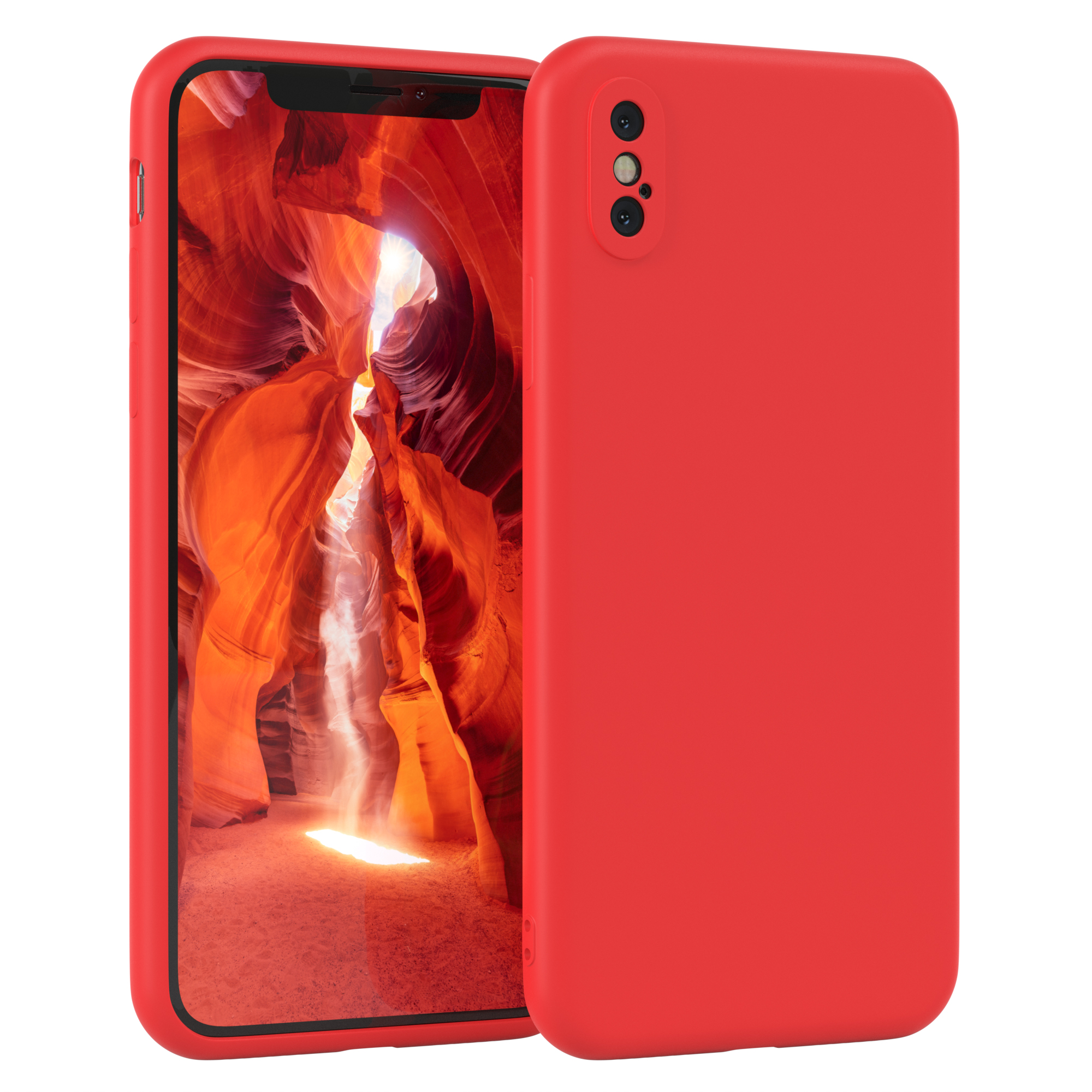 Rote Handyhülle neben einem Telefon, das ein orangefarbenes Schluchtenbild zeigt. Duale Kamera.