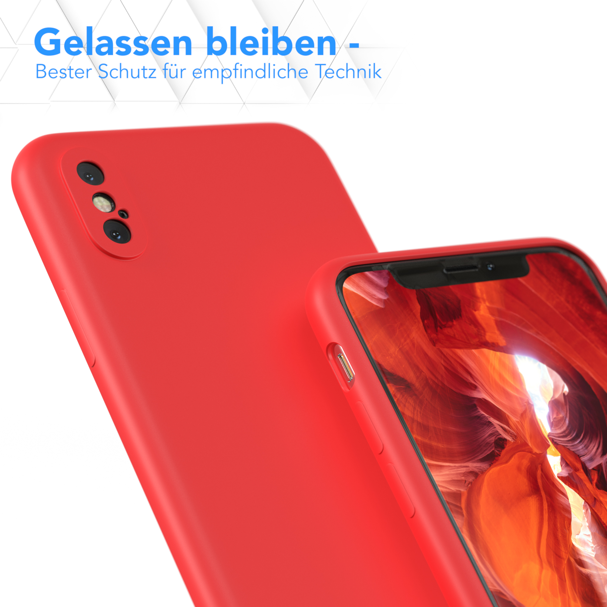 Rote Handyhülle mit Telefon darin. Text: 'Bleib gelassen - Bester Schutz für empfindliche Technik'.