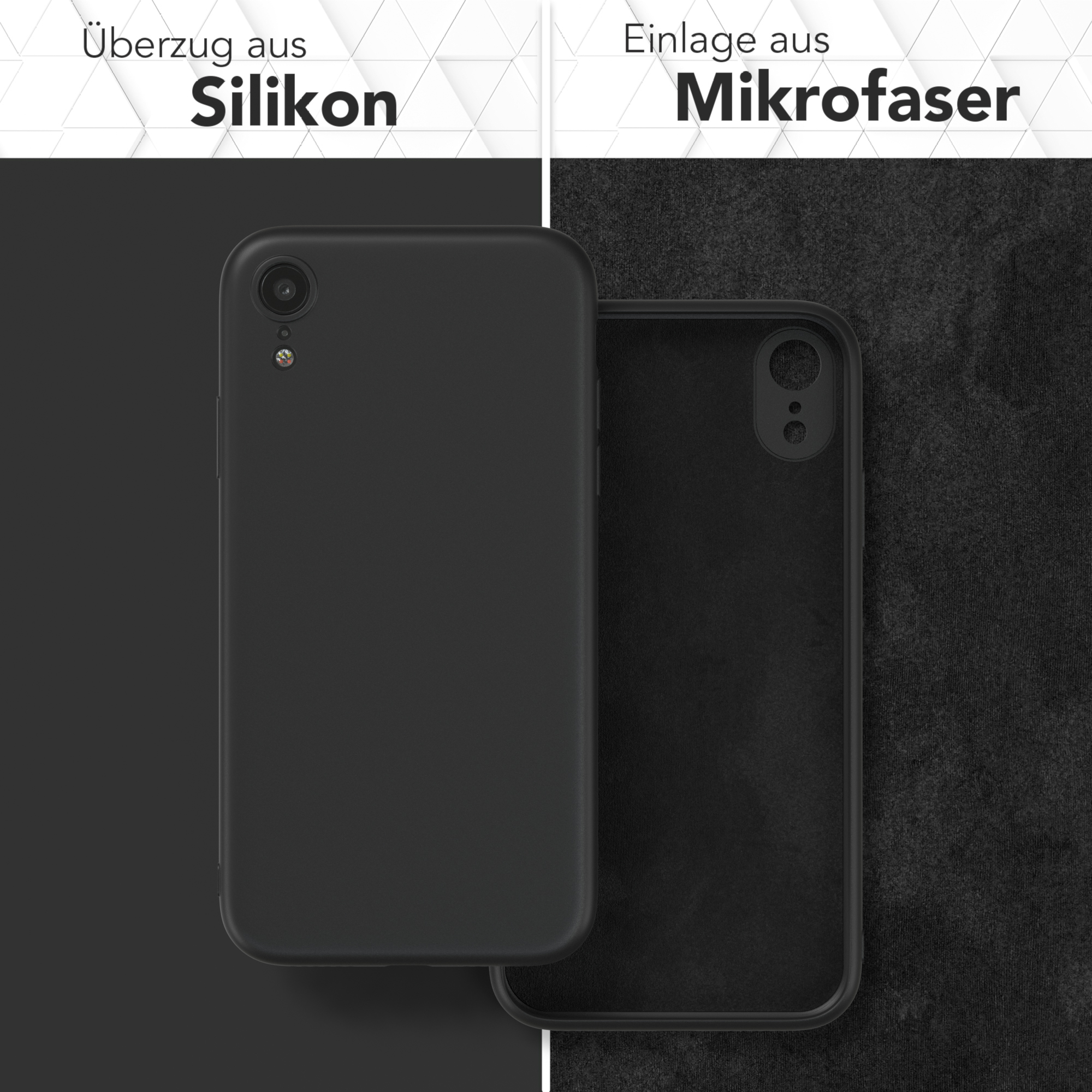 Zwei schwarze Handyhüllen, eine mit Silikonoberfläche und die andere mit Mikrofaserfutter, auf schwarzem Grund.