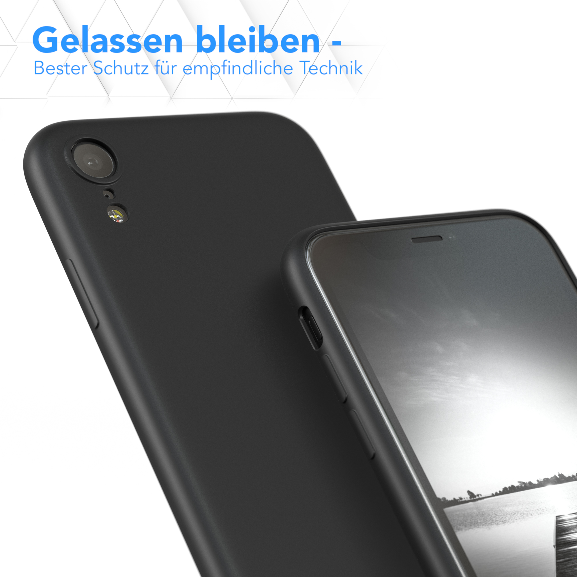 Zwei schwarze Telefone mit schwarzem Gehäuse, mit Text darüber. Weißer Hintergrund.