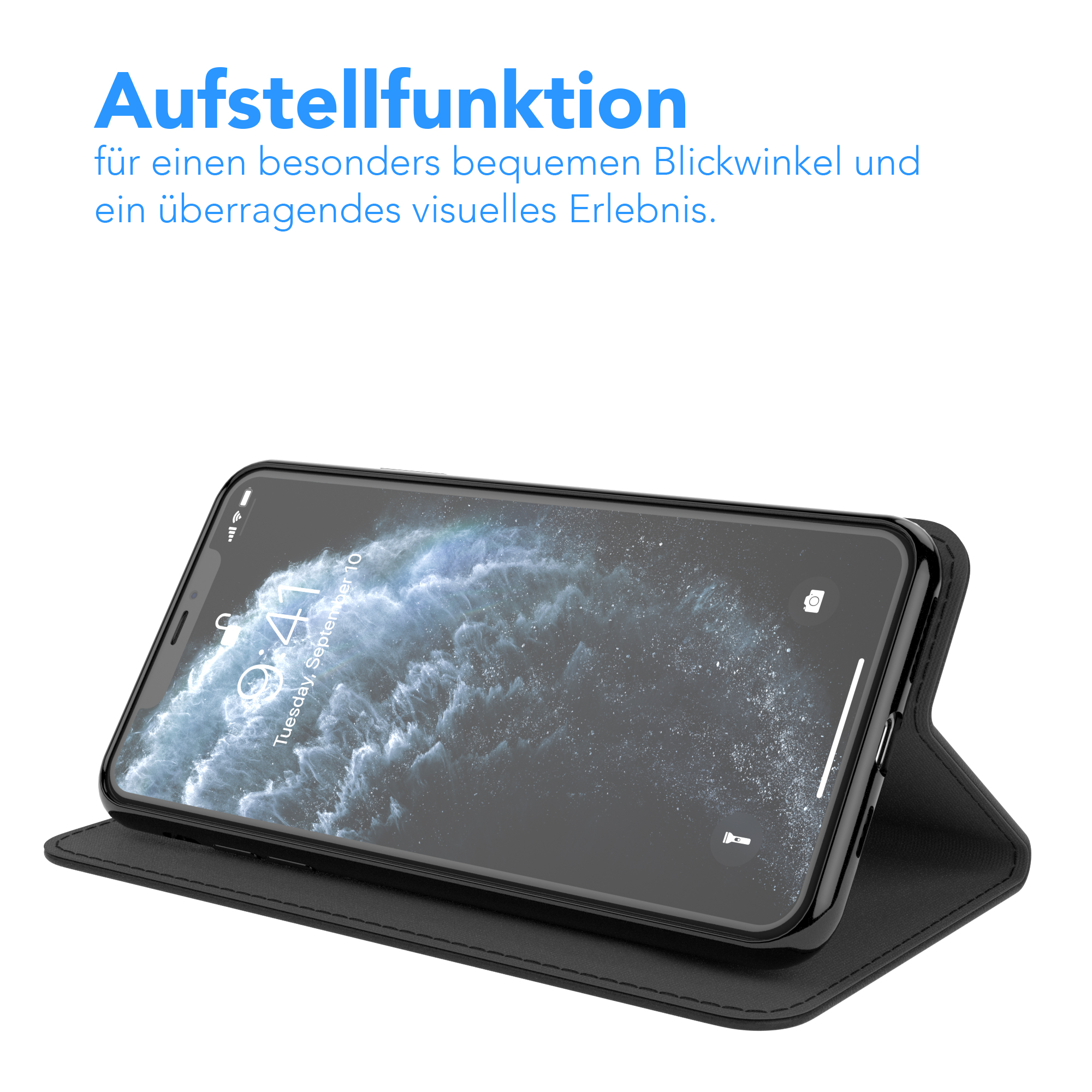 Smartphone in schwarzer Hülle aufgestellt. Text sagt 'Aufstellfunktion' und beschreibt einen guten Blickwinkel.