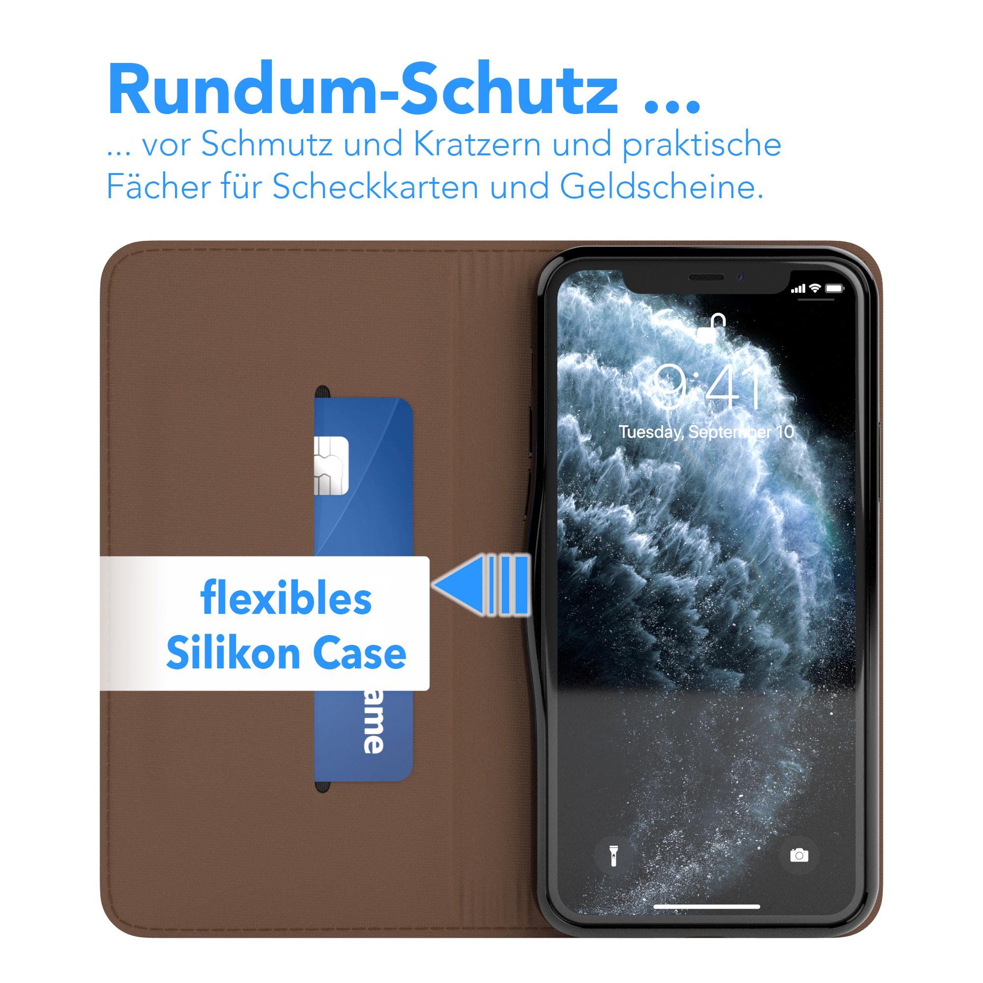 Geöffnete Handyhülle mit blauer Karte. Telefon rechts. Text erwähnt Schutz.