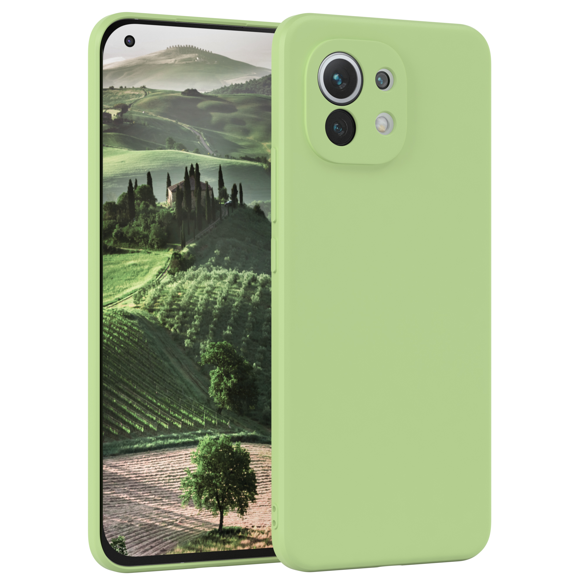Grüne Handyhülle mit Telefon. Das Telefon zeigt eine Landschaft.