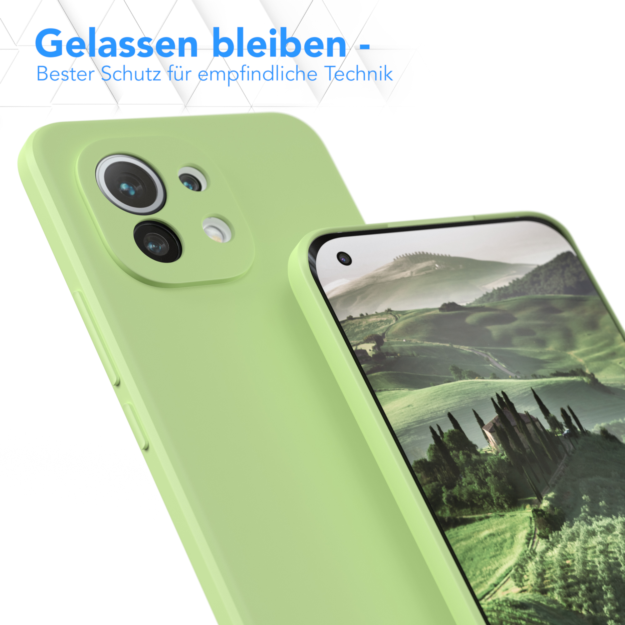 Eine grüne Handyhülle mit einem Telefon darin, Nahaufnahme von der Seite.