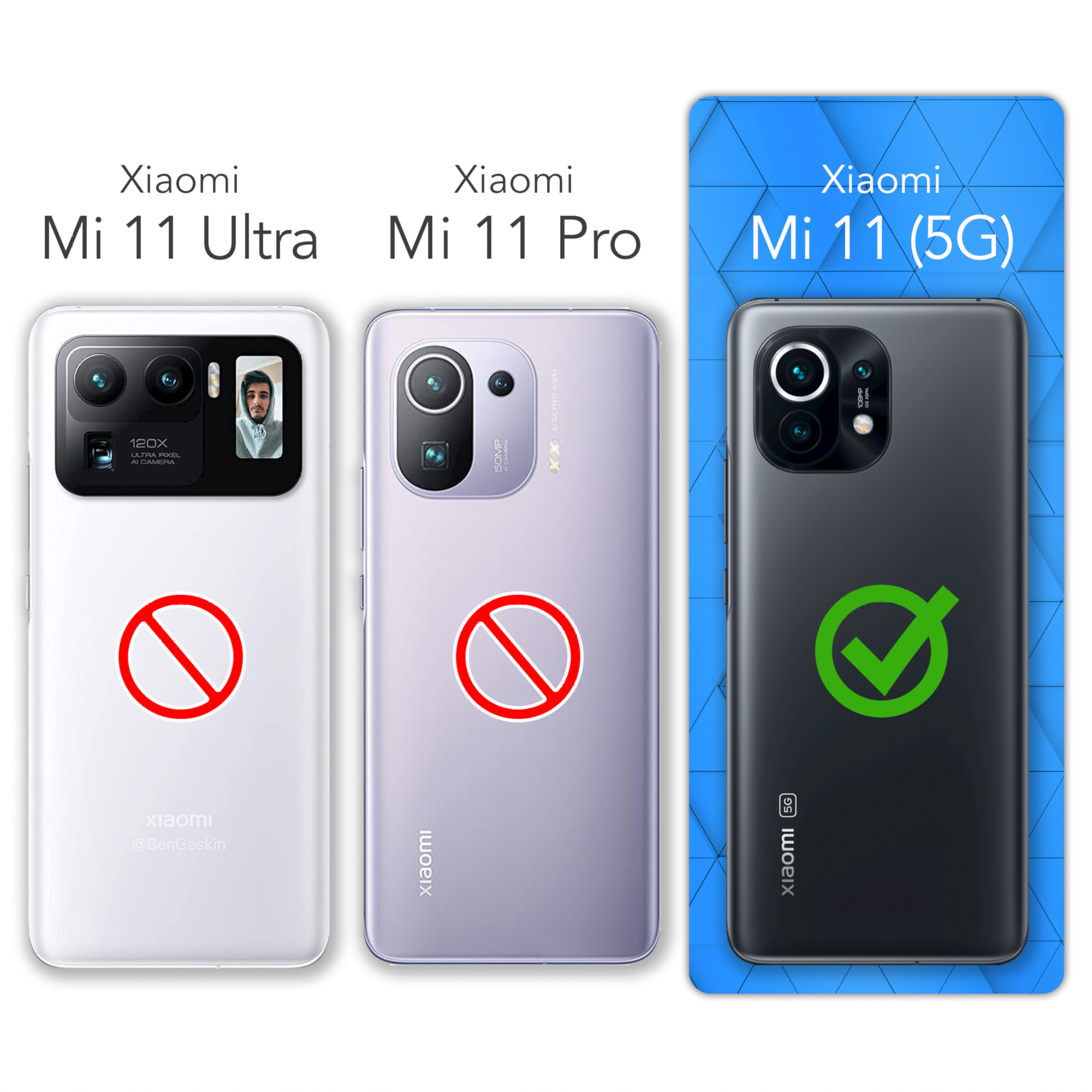 Vergleich von drei Xiaomi-Telefonen: Mi 11 Ultra (X), Mi 11 Pro (X) und Mi 11 (5G, Haken).