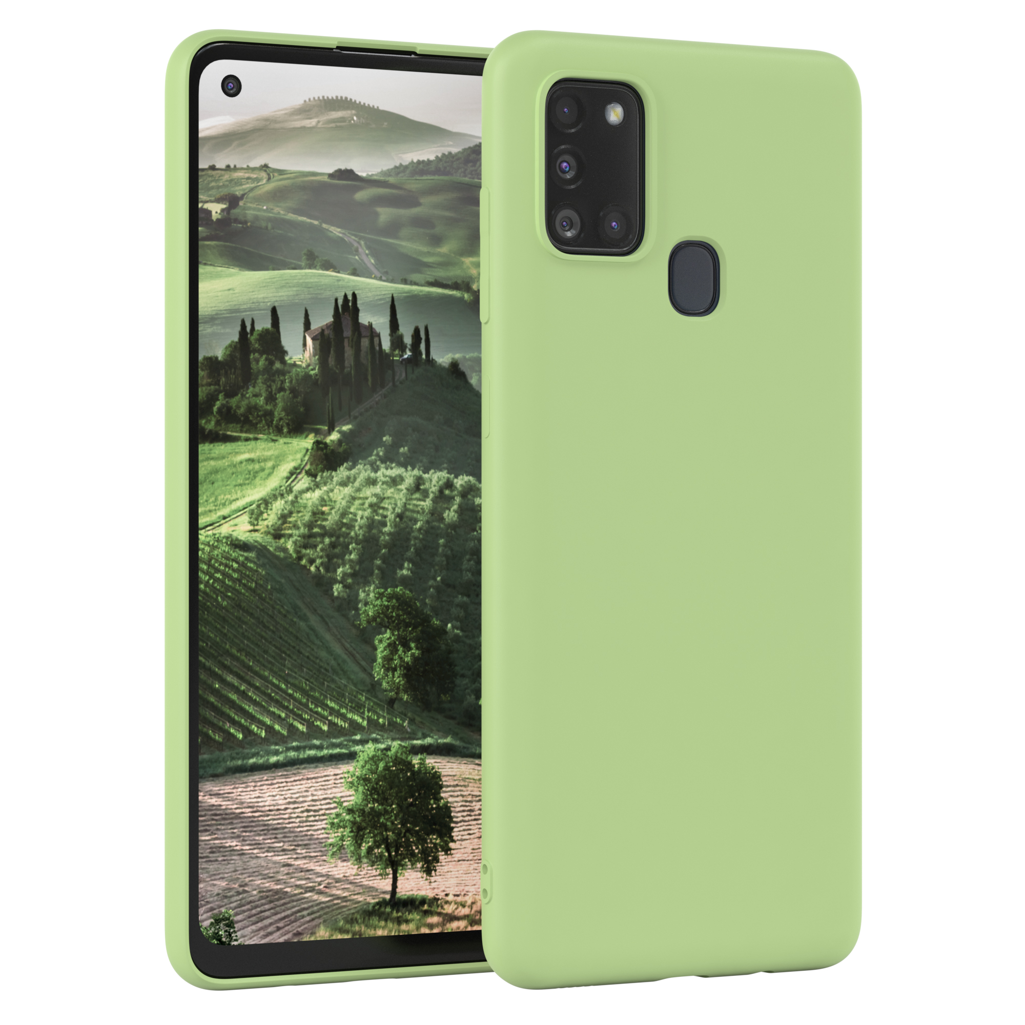 Ein grünes Telefon mit Landschaftsbildschirm und Doppel-Kamera-Setup.
