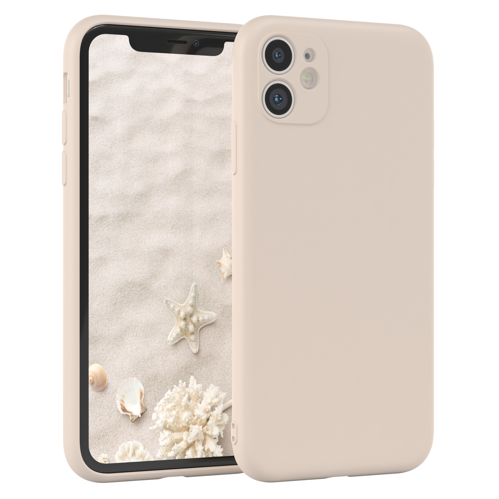 Handyhülle mit Telefon, das eine Strandszene mit Muscheln und Korallen zeigt.