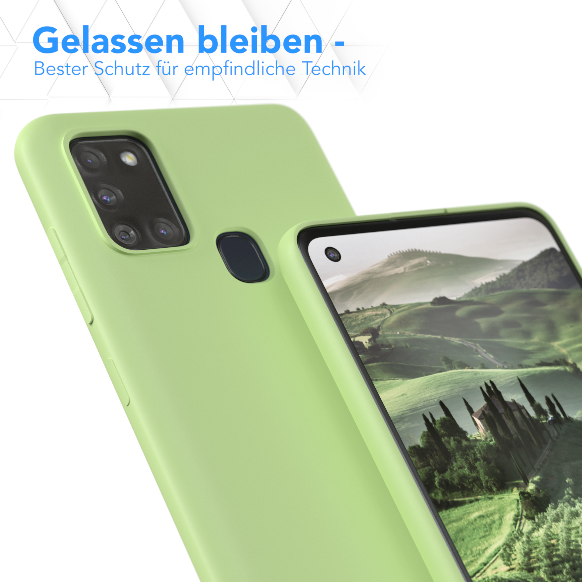 Grüne Handyhülle auf einem Telefon. Hintergrund ist eine verschwommene Landschaft. Text: 'Gelassen bleiben'.
