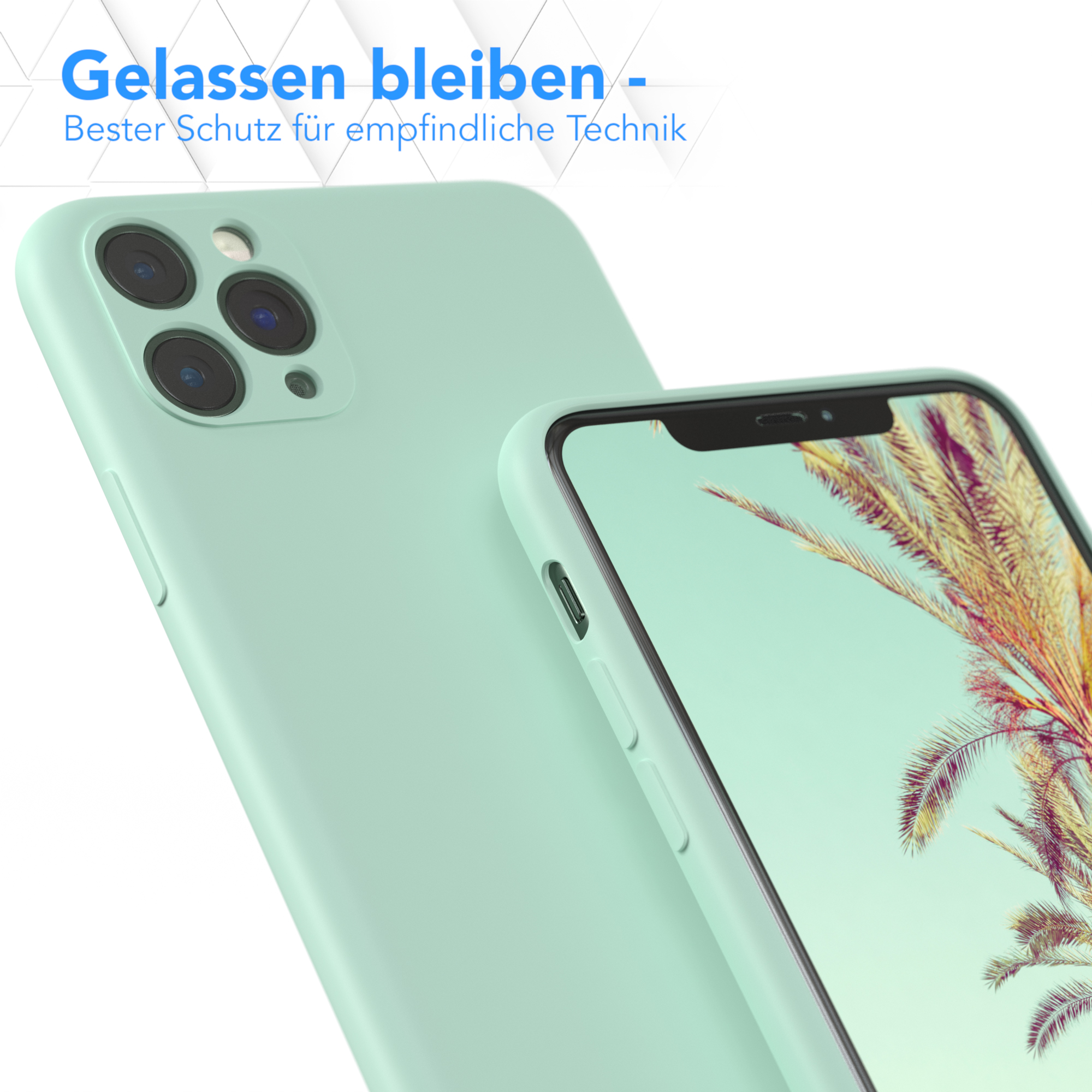 Zwei grüne Handyhüllen, eine mit Telefon, auf weißem Hintergrund, mit Text. Palme auf dem Telefondisplay.