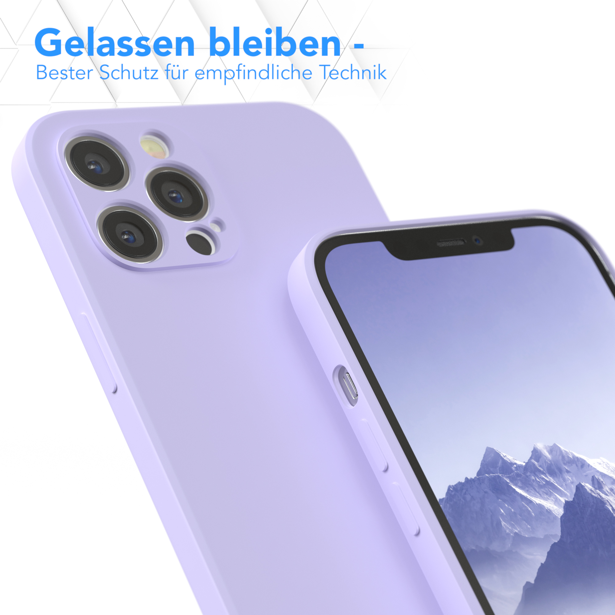 Lila Handyhülle mit Handy, Rückansicht. Weißer Hintergrund, Text.
