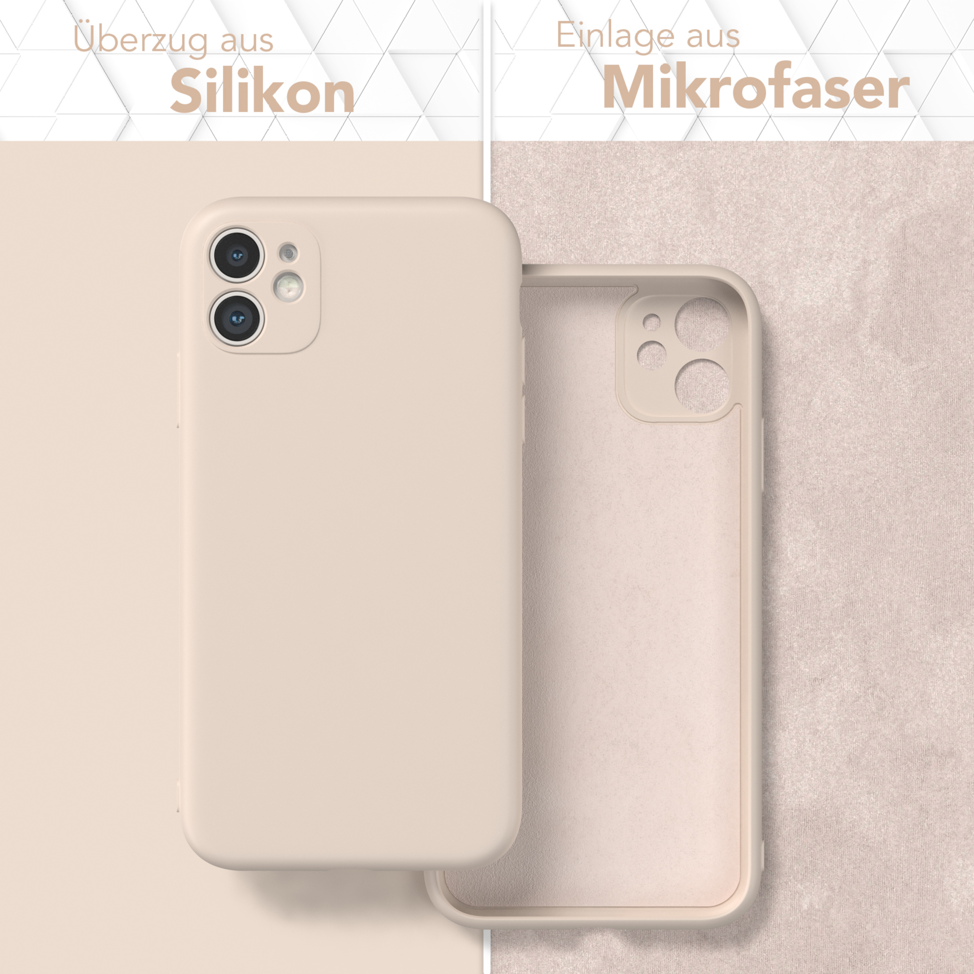 Beige Handyhülle mit Mikrofaser-Einsatz. Die Hülle ist geöffnet und zeigt beide Seiten.