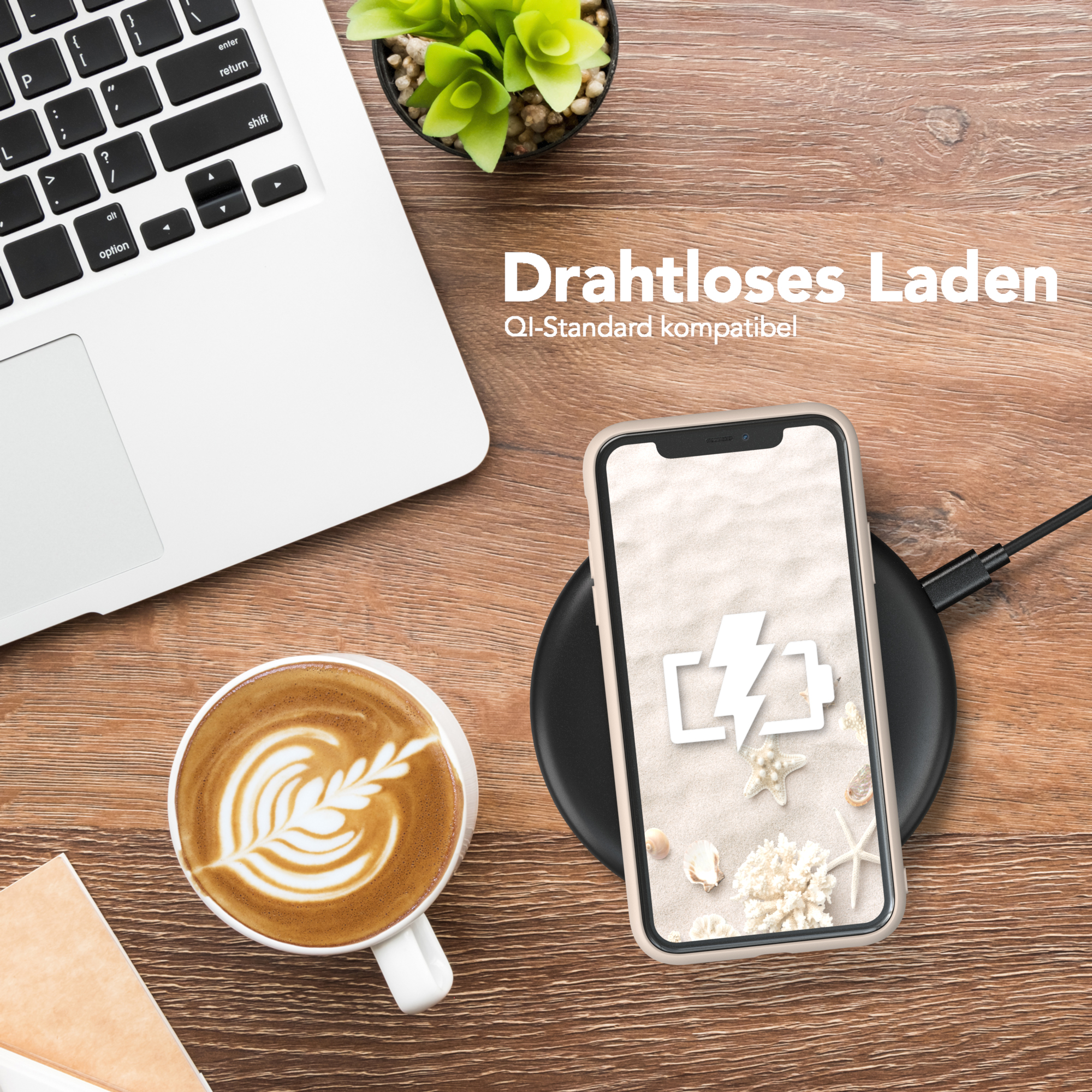 Ein Schreibtisch mit Laptop, Kaffee und Telefon auf einem schwarzen kabellosen Ladegerät. Text sagt kabelloses Laden.