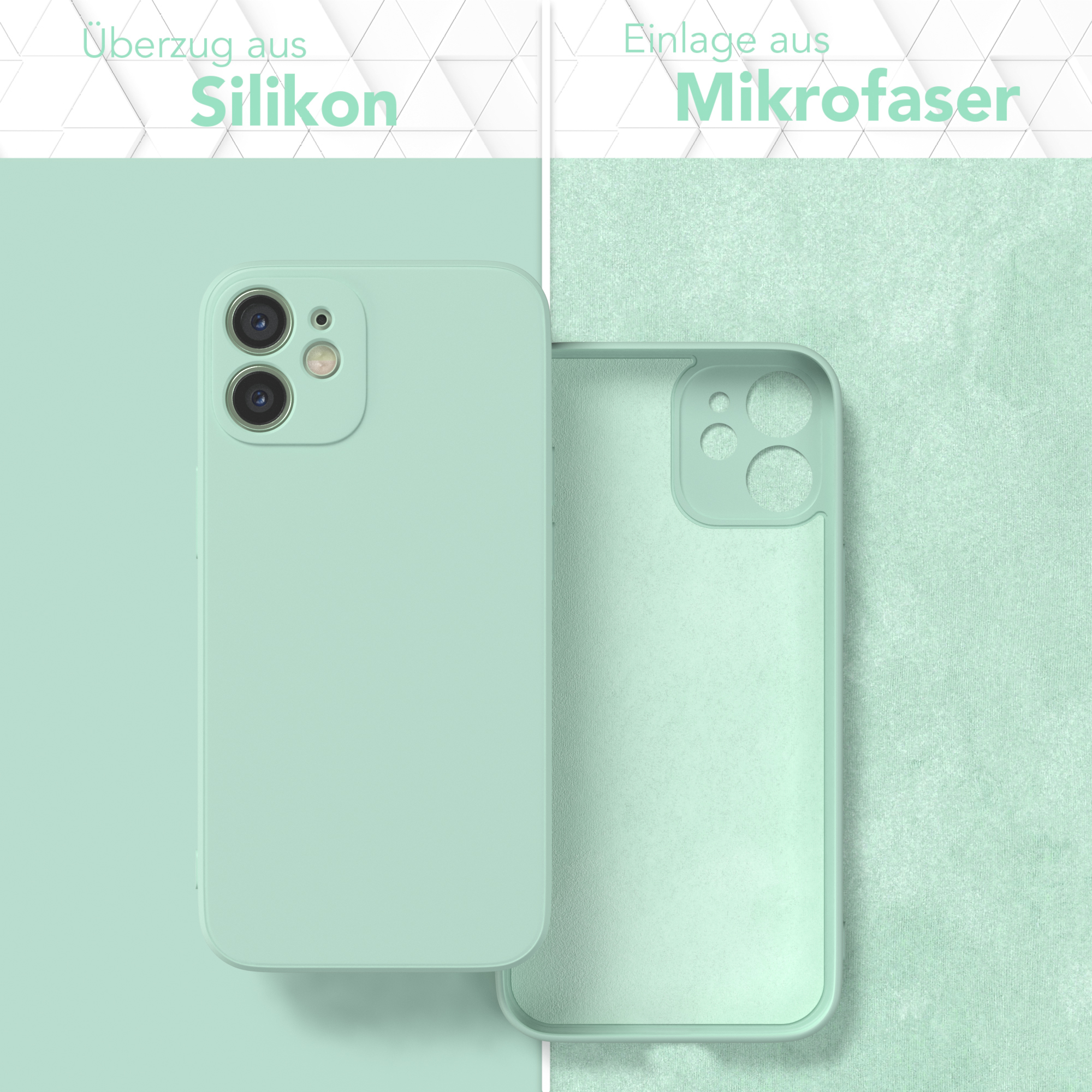 Smartphone-Hülle in Mintgrün. Linke Seite ist die Hülle, rechte Seite hat den Innenstoff.