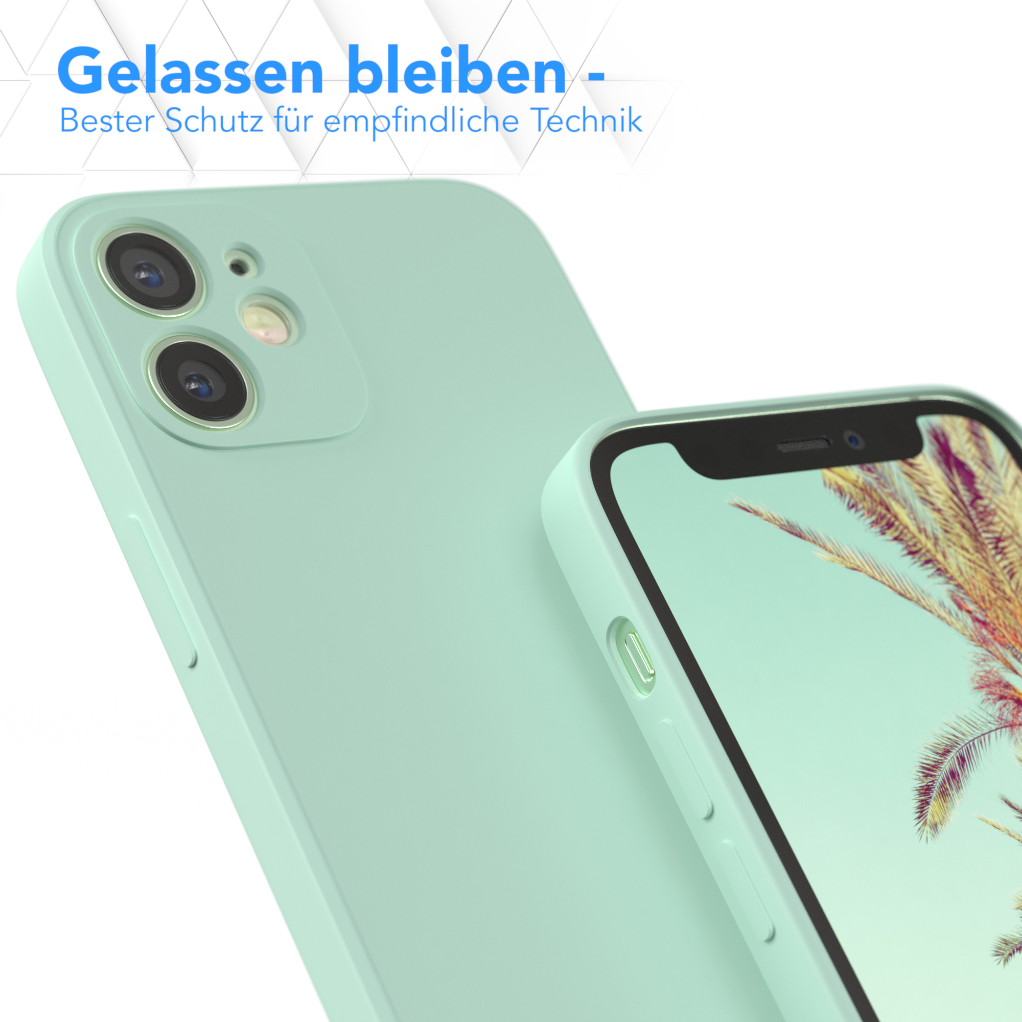 Mintgrüne Handyhülle mit einem Telefon. Weißer Hintergrund.