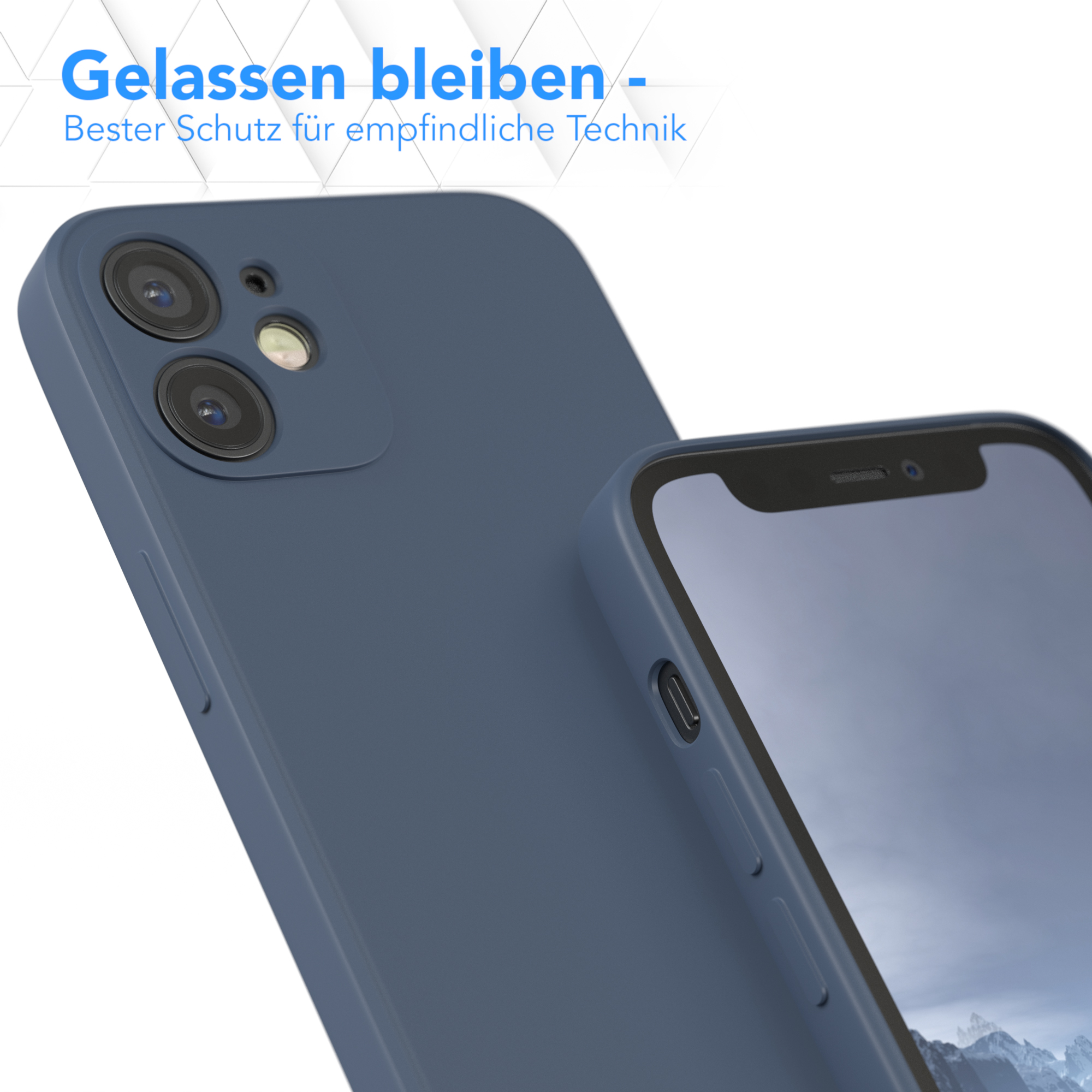 Blaue Handyhülle auf einem Telefon, mit einer anderen Hülle im Hintergrund.